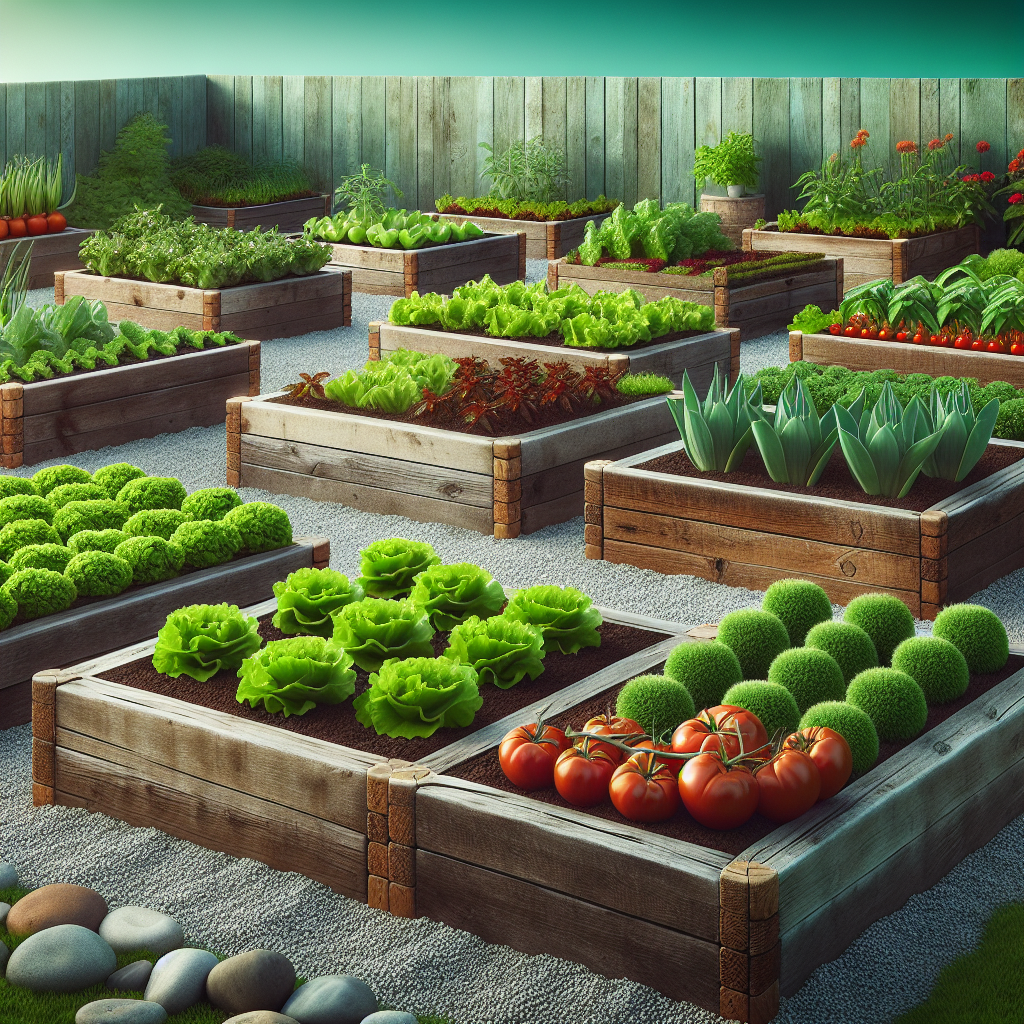 A serene vegetable garden neatly arranged in raised beds of various geometric shapes like rectangles and circles. The raised beds are constructed with rustic wooden planks, filled with rich, loamy soil nourishing a variety of vegetables - vibrant green lettuces, spiky ladies' fingers, abundant tomato plants heavy with bright red fruits. Each bed is meticulously separated by pebble-lined walkways. The background enhances the garden's tranquility with a simple wooden fence and a cyan sky, partly cloudy. Make sure no text, brand names, logos or people appear in this verdant, zen-like garden landscape.