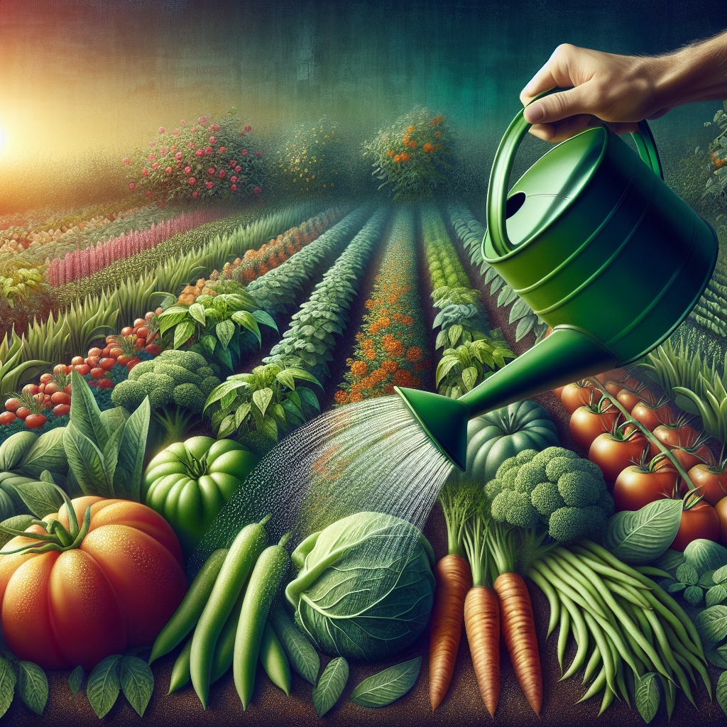 In this artwork, imagine a lush garden with a variety of vibrant, healthy vegetables - including tomatoes, carrots, and beans - arranged in neat rows. Capture the scene at sunrise, giving the image a soft, warm glow. In front of the abundant garden, a glossy green watering can is centrally placed, appearing as if it had just been used. It's angled in a way that it seems to be pouring out a life-giving stream of water over a tomato plant. To portray the concept of optimal growth, make sure the plants appear well-nourished and thriving.