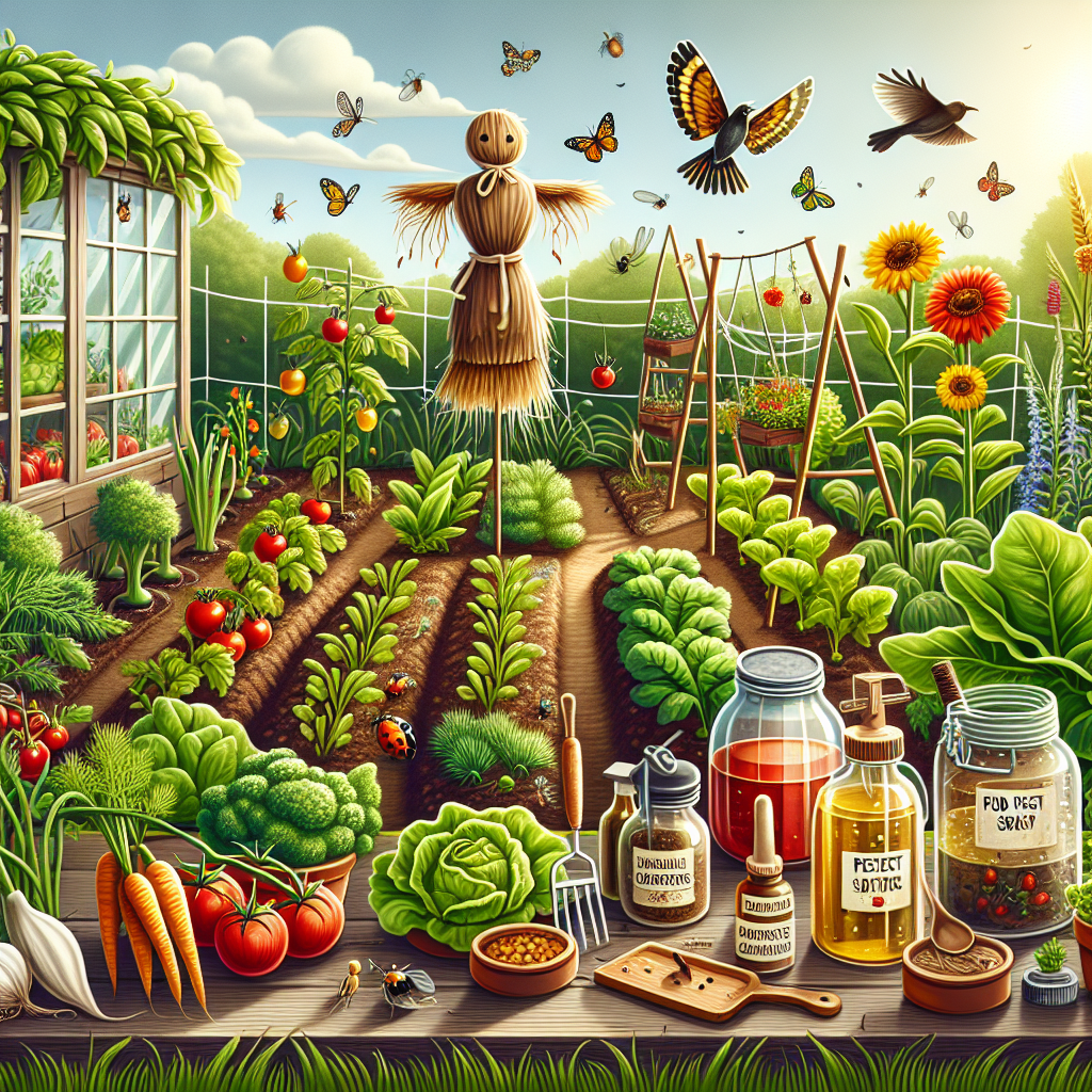 Image of a diverse vegetable garden thriving with nature's gifts. This garden is teeming with a variety of vegetables such as tomatoes, carrots, and lettuce leaves. The beneficial insects like ladybugs and bees are busy helping to control pests, while a bird is perched on a scarecrow that serves as both a charm and a deterrent for pests. There are organic, homemade pest sprays made of natural ingredients like garlic, chilli, and soap, kept outside the garden on a small table. These elements together create an ecosystem that allows for natural pest control, without the need for harsh chemicals or brands.