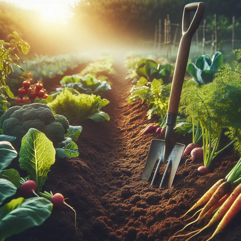 An enriching image depicting an aspect of vegetable gardening but without any human engagement. Detailed close-up view of loamy, healthy, brown soil; spade or fork left intentionally in it, indicating recent use, surrounded by a border of thriving vegetable plants like carrots, radishes, broccoli, and tomatoes. A faint morning mist can be seen hanging over the garden while the early sun is spreading its golden rays over the vegetation. Please remember to exclude any text or brand names from the image
