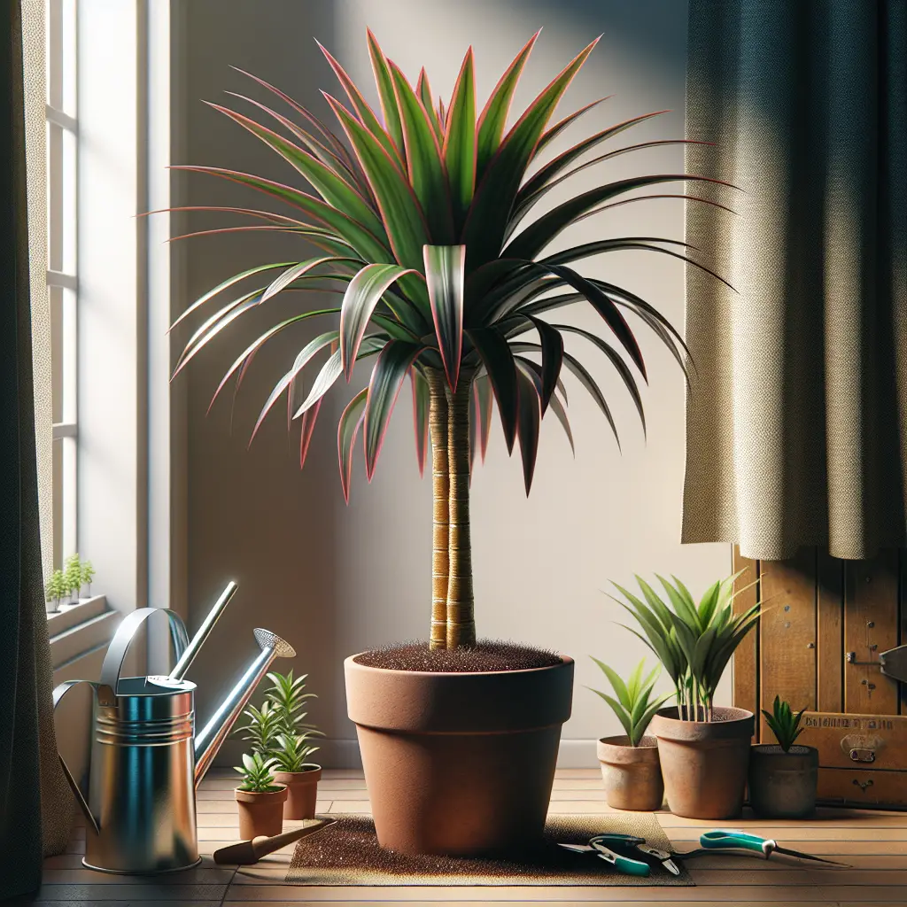 An indoor setting focused on the growth of Dracaena Marginata, also known as dragon tree. The scene presents a vibrant, glossy-leaf dragon tree potted in a simple, unbranded terracotta pot. The tree is tall, with slim, arching stalks, bounded by tufts of thin, pointy, rich green leaves edged in reddish-purple. The soil around the plant is fertile and moist, indicating correct watering. Besides, there are nearby tools such as a watering can and pruning shears, without any logos or branding, giving emphasis on the care of the plant. A source of natural light like a window pane is suggested in the background, illustrating the suitable environment for the plant's growth.
