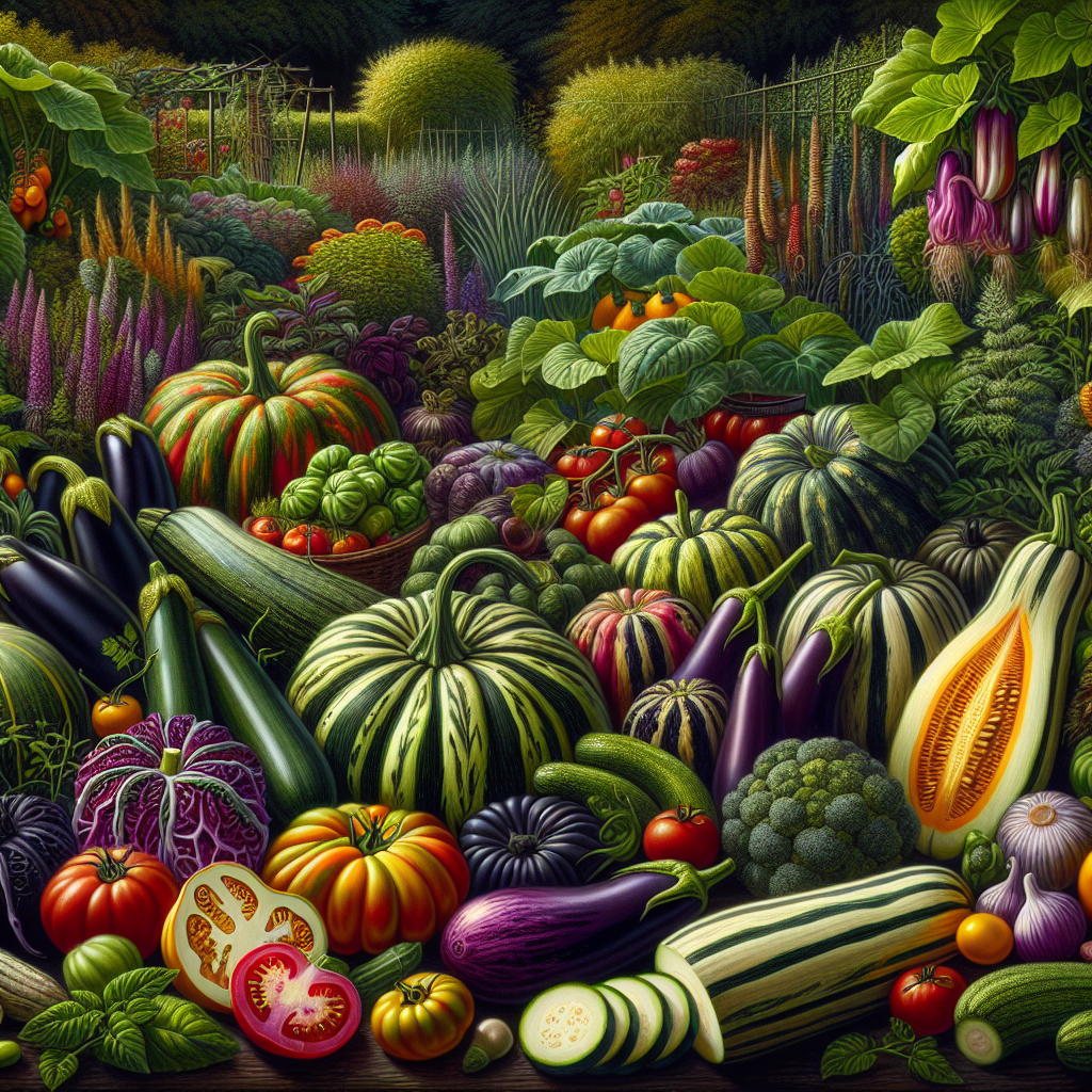 An assortment of heirloom vegetables thriving in a lush garden. The variety underlines the theme of diversity with different species present such as green striped zucchinis, ripening violet eggplants, corrugated patty pan squashes, and vibrantly hued heirloom tomatoes. Accentuating flavor, details include some vegetables sliced open displaying vibrant insides. The garden setting is rich and unspoiled, with stretches of vines, bushy plants, and leafy greens. There's a sense of organic growth and natural cultivation, the environment is devoid of labeled materials or people, embracing the charm and simplicity of nature presented purely.