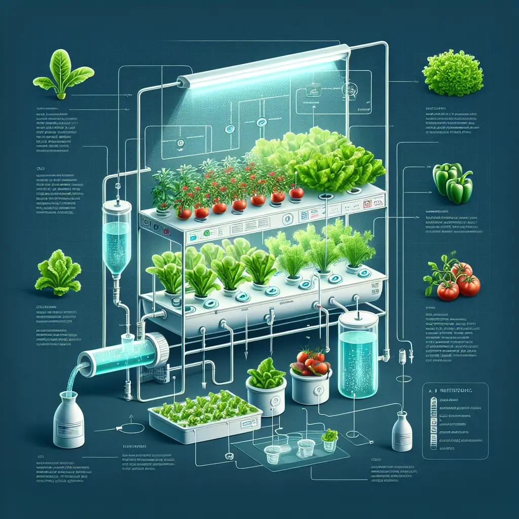 An instructional image showing the foundational elements of hydroponic vegetable gardening. The image centers around a hydroponic gardening system, with a variety of vegetables like tomatoes, lettuce, and bell peppers growing in it. There are no labels or text, neither on the items nor within the image, and no logos or brand names are present. A light source illuminates the plants while a water-circulating system nourishes them. Nutrient solutions are displayed aside, being poured into the water reservoir. While no people are pictured, the focus is solely on the gardening process and setup.
