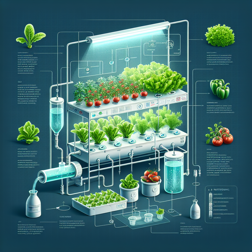 An instructional image showing the foundational elements of hydroponic vegetable gardening. The image centers around a hydroponic gardening system, with a variety of vegetables like tomatoes, lettuce, and bell peppers growing in it. There are no labels or text, neither on the items nor within the image, and no logos or brand names are present. A light source illuminates the plants while a water-circulating system nourishes them. Nutrient solutions are displayed aside, being poured into the water reservoir. While no people are pictured, the focus is solely on the gardening process and setup.