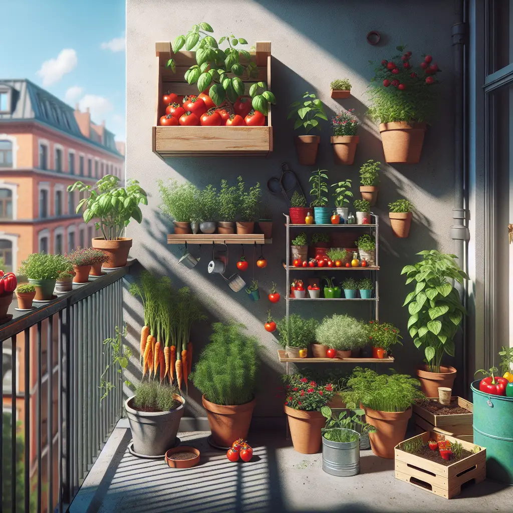 A small urban balcony filled with potted plants of various sizes. There are tomatoes ripening on a vine, fragrant herbs like basil and mint in clay pots, and carrots peeking out of a wooden box. Brightly colored bell peppers grow in a vertical container garden against the railing. At the corner, there's a tiny compost bin. Sunshine filters through leafy greens, casting playful shadows on the floor. No people, text or brand names are present.