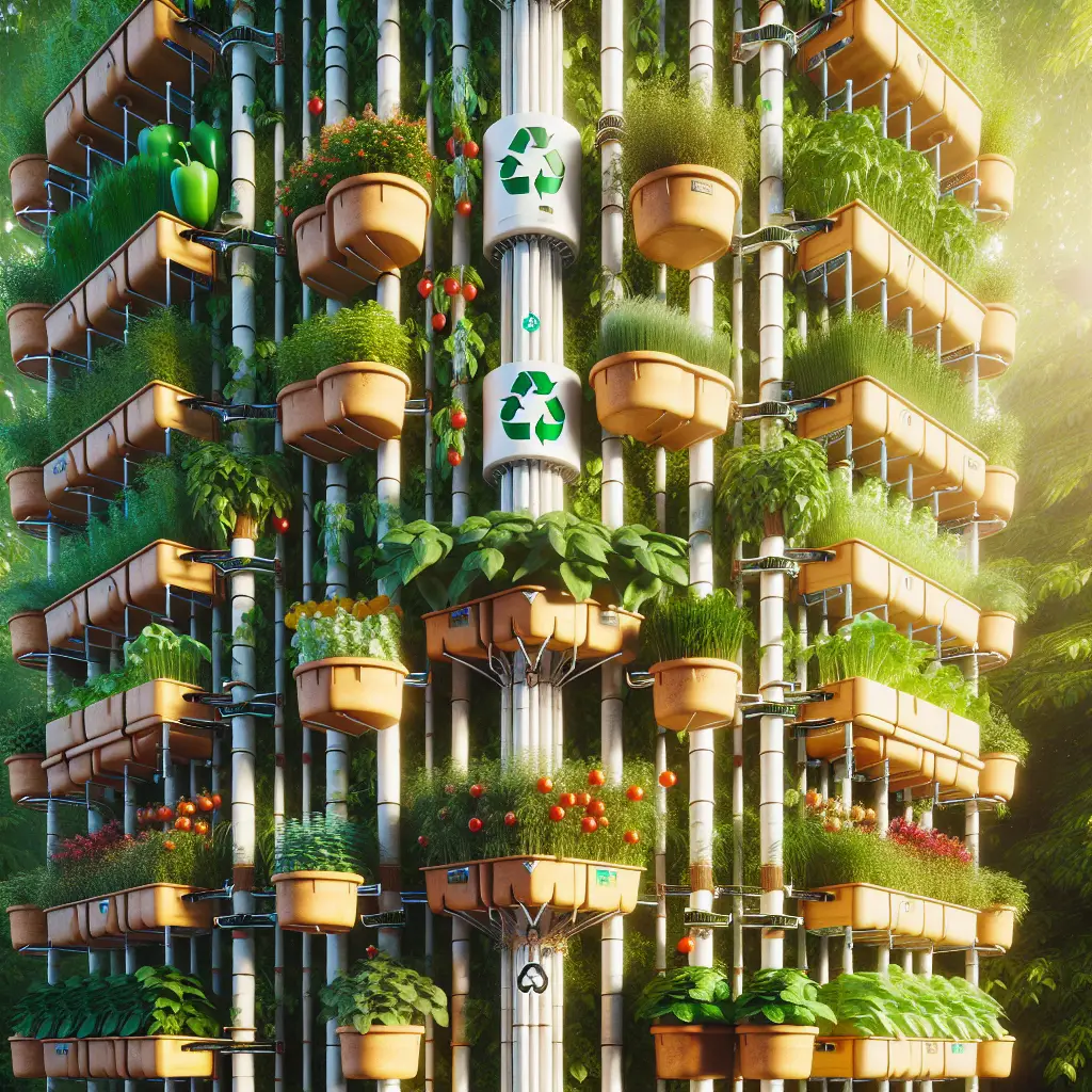 An image showcasing an innovative approach to vertical gardening. Several rows of upward-reaching structures made out of recyclable materials such as bamboo and terracotta pots, overflowing with a lush variety of vegetables such as tomatoes, beans, spinach, and bell peppers. The sunlight filtering into the fresh green foliage creates a visually soothing effect. An automatic irrigation system is also seen mounted on top of the structure, efficiently watering the plants. A recycling symbol is subtly engraved on one of the bamboo supports, hinting at sustainability. No people, brands, logos, or texts are present.