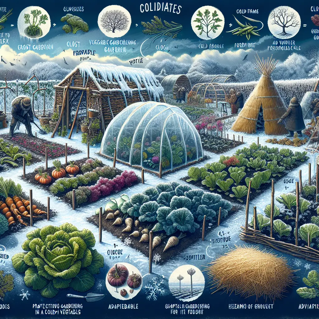 A visually striking and detailed scene depicting the challenges and solutions of vegetable gardening in cold climates. Imagine an icy, frost-laden garden with various leafy greens and root vegetables striving to survive in a cold environment. Some techniques show adaptable gardening, like the use of cloche and cold frames, and heaps of straw mulch for winter protection. Please don't include any people, text, brand names or logos in this image. Key elements to include are frost-resistant vegetables, protective structures like cloche and cold frames, and mulch for added insulation.