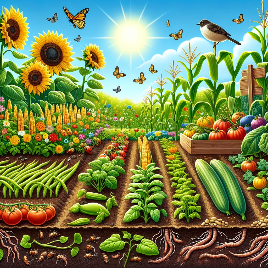 A diverse vegetable garden flourishing with a variety of crops. The scene showcases crop rotation practice, featuring different vegetable plants grouped in sections and rotated systematically. Illustrate sunflowers, corn, beans, tomatoes among the vegetable crops. Fallen leaves enrich the soil while earthworms are at work beneath the surface. There are helpful insects like ladybugs and bees that fly around. Birds are perched on a wooden scarecrow. The sun shines brightly overhead, indicating a perfect day for gardening. All elements are non-branded and devoid of any human presence.