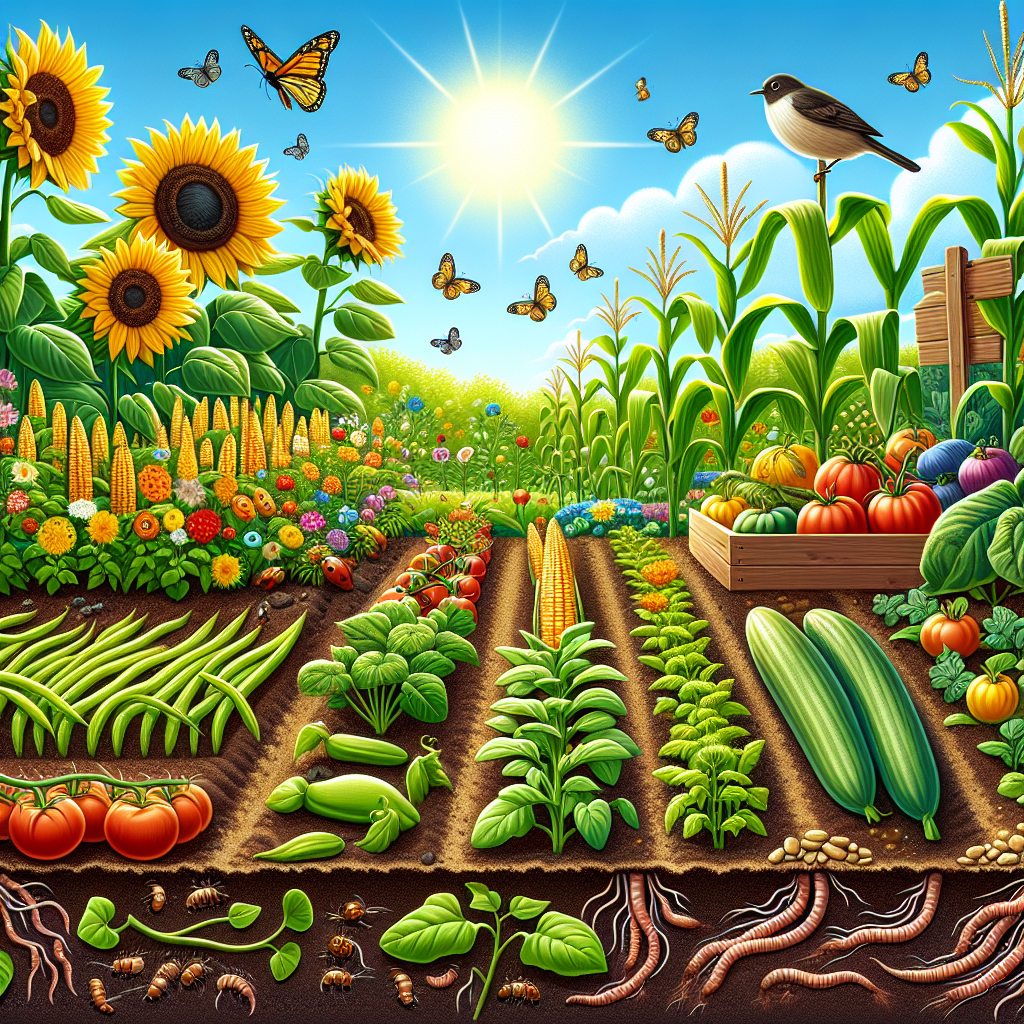 A diverse vegetable garden flourishing with a variety of crops. The scene showcases crop rotation practice, featuring different vegetable plants grouped in sections and rotated systematically. Illustrate sunflowers, corn, beans, tomatoes among the vegetable crops. Fallen leaves enrich the soil while earthworms are at work beneath the surface. There are helpful insects like ladybugs and bees that fly around. Birds are perched on a wooden scarecrow. The sun shines brightly overhead, indicating a perfect day for gardening. All elements are non-branded and devoid of any human presence.