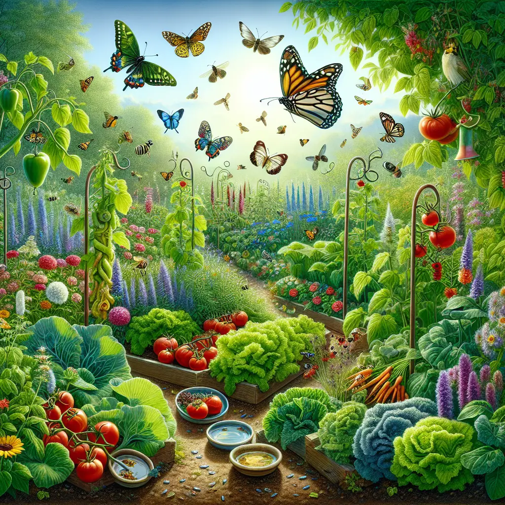 An idyllic representation of a vegetable garden brimming with various plants that attract pollinators. There's a mix of lush green vegetable patches, colorful flowers, and buzzing insects enjoying the nectar. A group of butterflies with vibrant wings and a couple of busy bees are captured mid-flight. Nearby hover a few hummingbirds, their iridescent feathers catching the sunlight. Among the vegetables, discover juicy tomatoes on vines, verdant patches of lettuce, climbing beans, and feathery carrot tops. Scattered around the garden are shallow dishes filled with water for the pollinators. The entire scene exudes an eco-friendly and serene atmosphere, without any human presence or commercial elements.