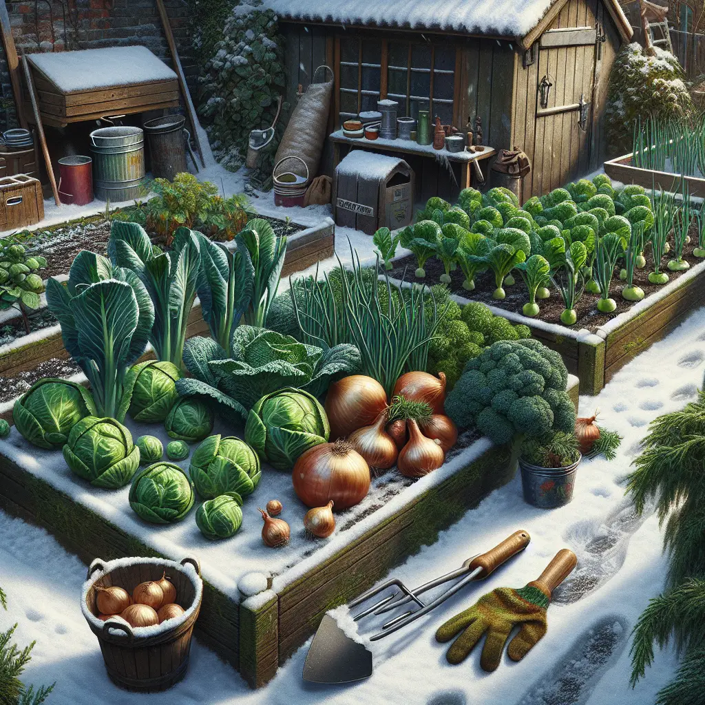 An image showcasing successful winter vegetable gardening. The scene should portray a well-maintained garden with a variety of thriving vegetables that are typically grown during the winter, such as Brussels sprouts, onions, and kale. The garden should appear lush despite the winter conditions, with snow lightly covering the ground outside the vegetable beds. Show some common tools, such as a pair of gloves and a trowel, casually placed to the side hinting at the work done. The scene is further enriched by the presence of a compost bin and a small tool shed in the background, but devoid of any identifiable brand logos or people.