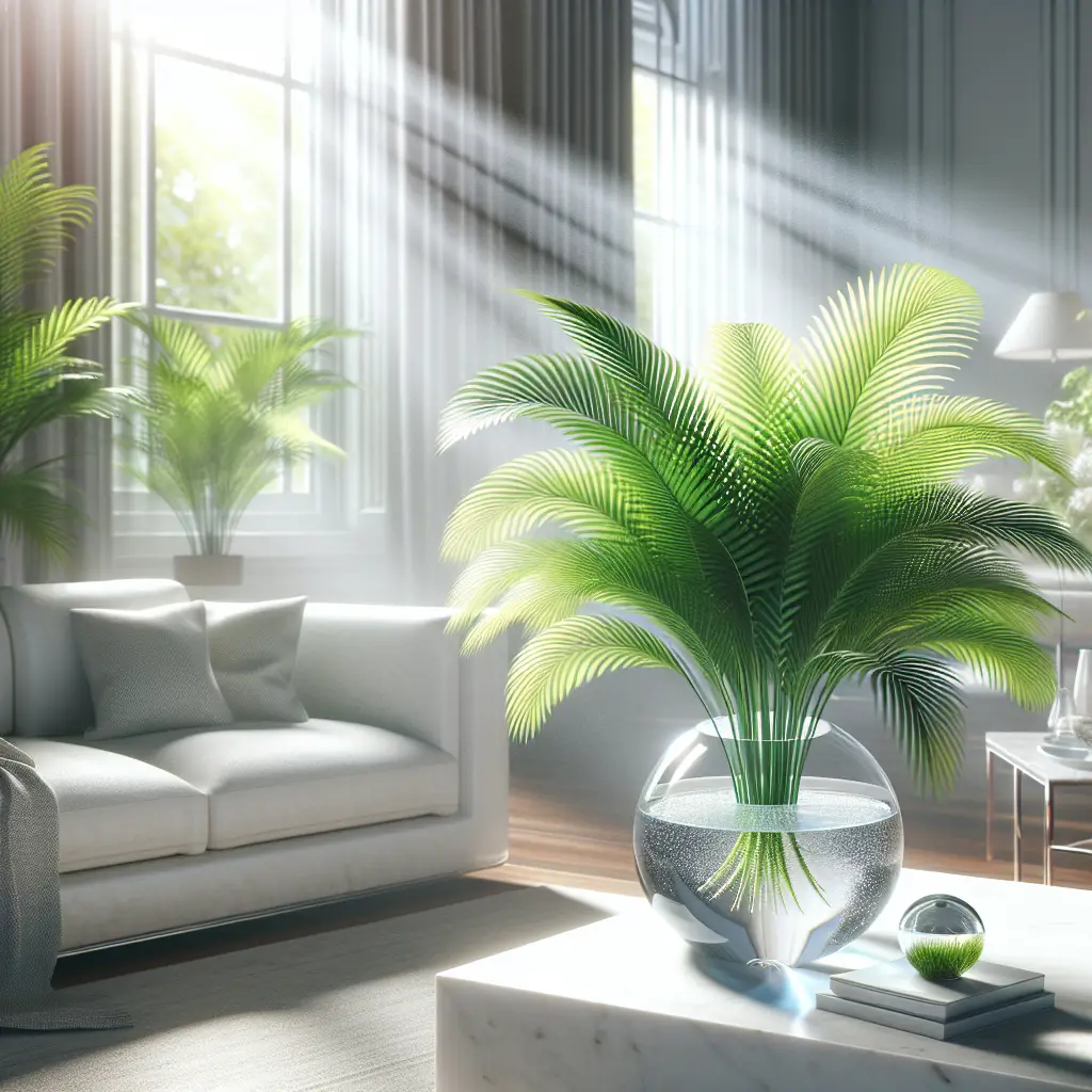An image that visually supports the concept of improving air quality using Areca palms. The main focus of the scene is a healthy, lush Areca palm placed in an airy and bright indoor setting. The setting is designed to highlight the plant's ability to improve air quality, so include elements such as rays of sunlight streaming through clear glass windows, falling onto the glossy, vibrant leaves of the plant. The vicinity includes subtle elements that demonstrate a clean and fresh environment, such as a soft breeze ruffling the plant's leaves, and a glass bowl of clear, sparkling water on a coffee table. Please ensure there are no identifiable logos, brand names, text, or people in the image.