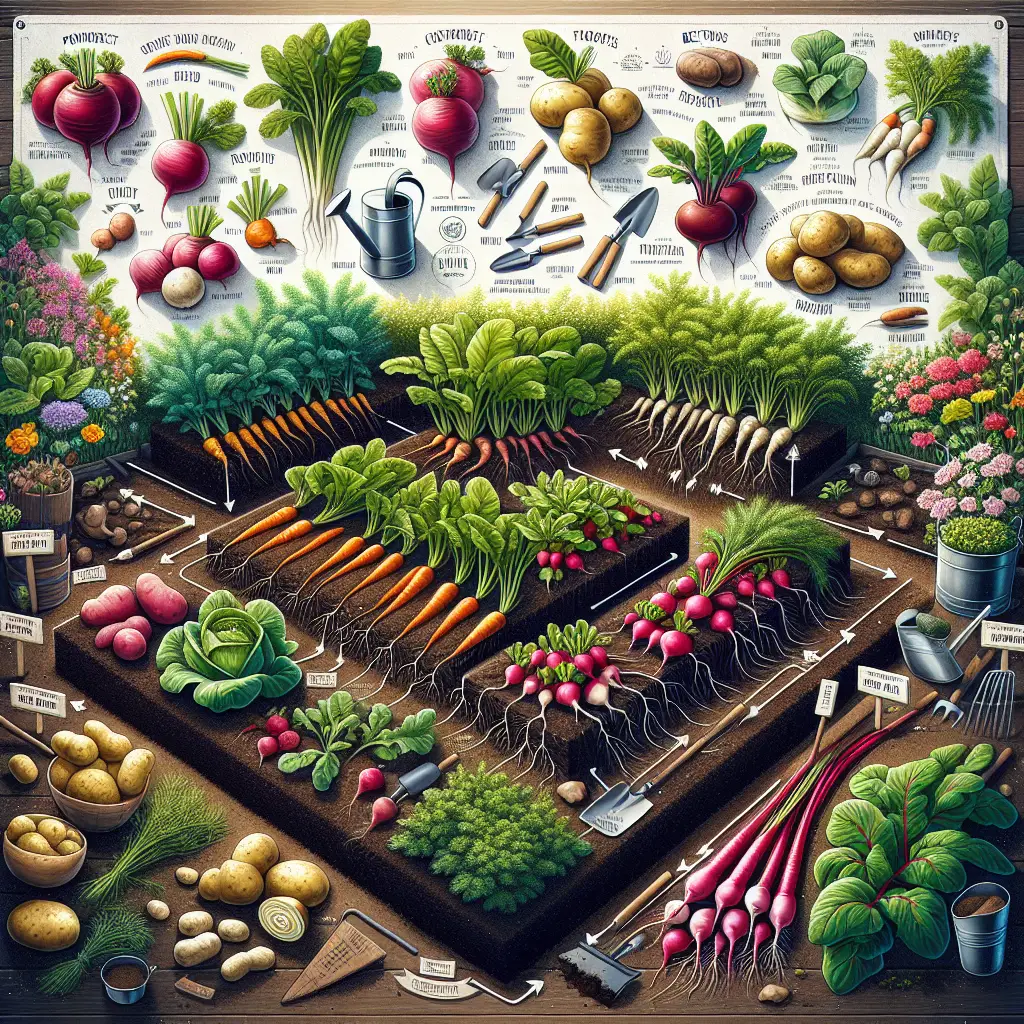 A discerning visual representation of gardening tips for growing root vegetables. The image showcases a beautifully arranged garden, lush with various types of underground crops such as carrots, potatoes, beetroots, radishes, and turnips. The crops are methodically separated with markers indicating what is planted, however, devoid of any text. The use of different natural elements like compost, mulch, and organic fertilizers alongside tools like trowels, rakes, and watering cans aid in emphasizing the practice of root vegetable gardening. A notable exclusion is the absence of human figures or brand names, adhering strictly to a focus on nature and gardening techniques.