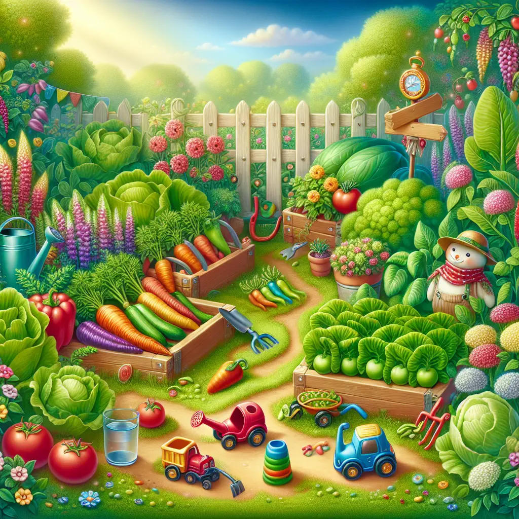 An enchanting depiction of a variety of vibrant vegetable plants on a sunny day. The garden is lush with different types of vegetables like tomatoes, carrots, lettuce, and peas. There are lovely tiny watering cans and small gardening tools strewn haphazardly around, just the right size for a child's hand. A colorful scarecrow quietly stands watch at the edge, along with a row of toy, non-branded tractors. A signpost with no visible text stands at the gate to warmly welcome visitors. The image is void of people, logos, or any form of text.