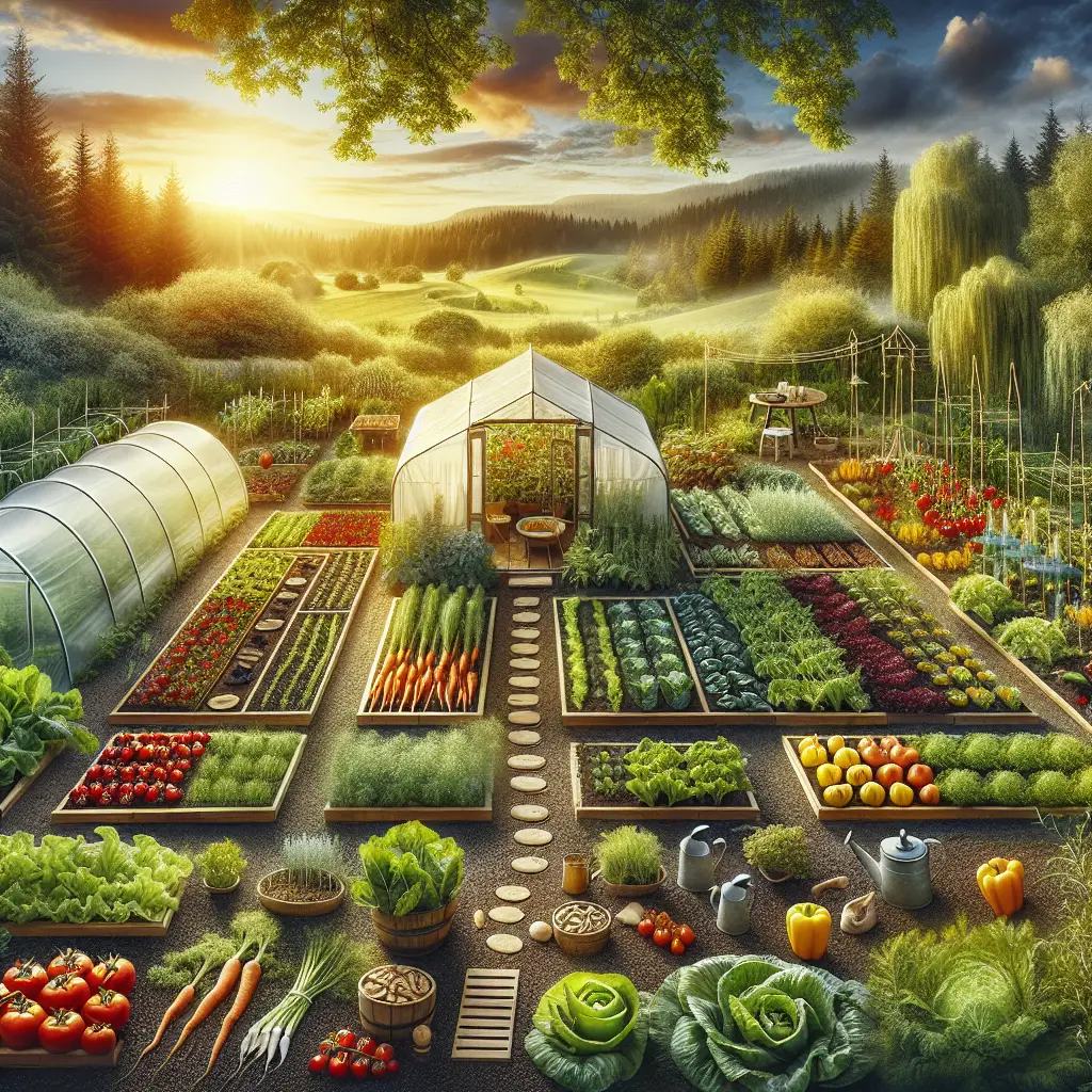 A scenic garden view that captures extended vegetable growing seasons. Include various types of vegetables such as tomatoes, lettuce, peppers, and carrots flourishing despite changing climate, bolstered by a variety of innovative methods. Show protective interventions like hoop houses, raised beds covered in frost cloths, and a small greenhouse providing warmth during cold weather. Contrasting that, present drip irrigation systems, and mulching used in hotter weather for heat-tolerant produce. Display elements of permaculture, companion planting, and crop rotation, all emphasizing sustainability. Avoid including any text, brands, logos or people within the image.