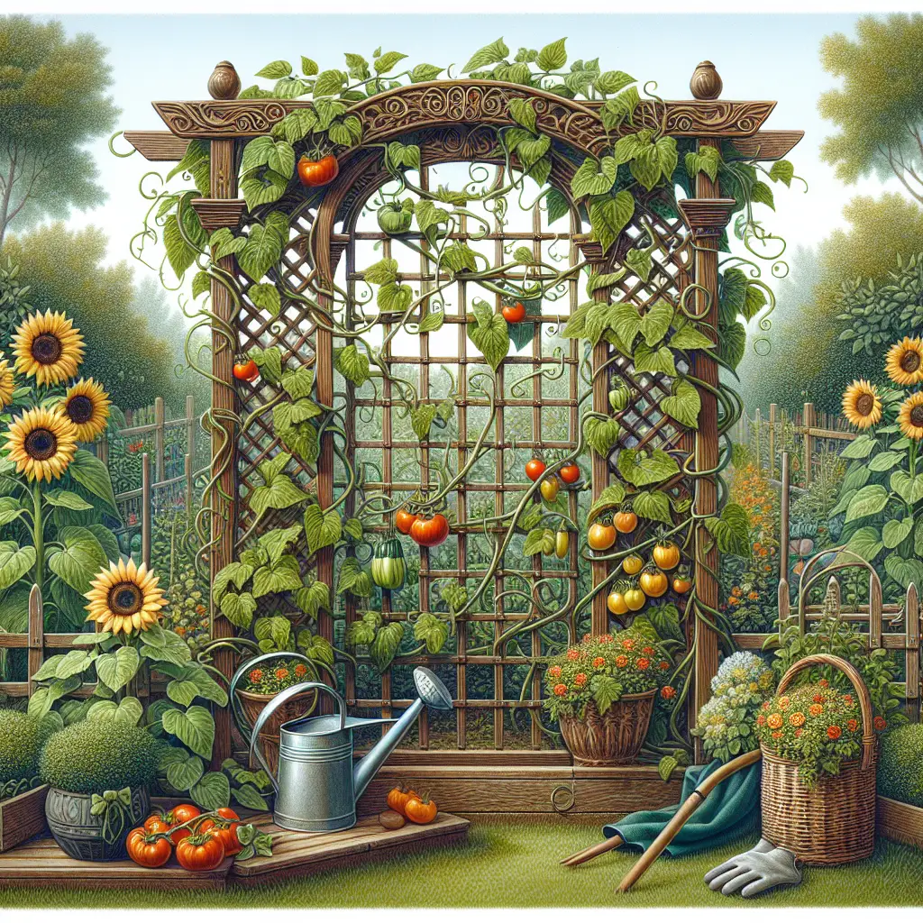 An intricately designed garden trellis stands proud in the heart of a lush vegetable garden. Climbing vines draped with ripening tomatoes and cucumbers curl their way gracefully up the wooden lattice. Sunflowers stand sentinel at the corners, their cheerful faces turned towards the sun. Nearby, a watering can and gardening gloves rest, indicating the careful maintenance of this serene space. No logos, brands, text or human figures are present in this peaceful garden vignette.