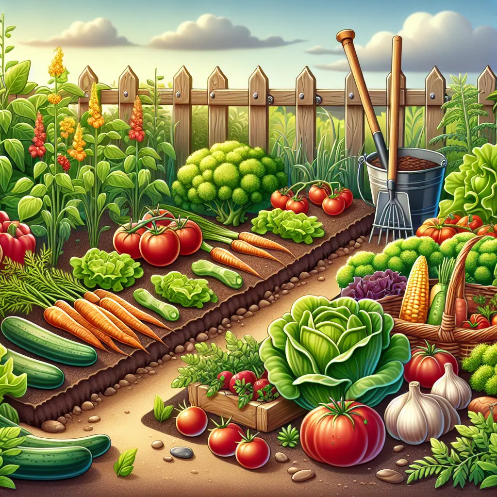 Illustrate an environment that is a well-maintained vegetable garden flourishing with a variety of healthy crops like tomatoes, carrots, and lettuce. This garden should be devoid of weeds and portray a neat, methodical arrangement of vegetables reflecting effective and optimal weed management methods. Show fine details of the organic soil texture and the vibrant colours of the vegetables, to emphasize the lush and healthy state of the garden. Include gardening tools, like a hoe and a rake set aside, indicating regular care and maintenance. Avoid incorporating any people, text, brand names, or logos into the scene.