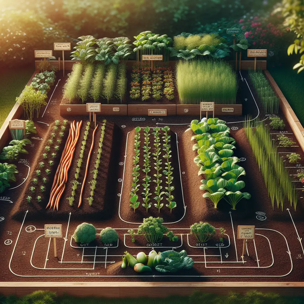 An aesthetically pleasing vegetable garden with carefully labeled rows showcasing various stages of growth. On one side, freshly turned soil prepared for planting. Adjacent to it, young sprouts emerge, well-watered and full of life. The middle of the garden features fully grown plants ready for harvest while the opposite end displays old plants ready for composting. The garden flourishes under the soft glow of the sun and is structured to allow for easy rotation of plantings to ensure a consistent cycle of growth and harvest.