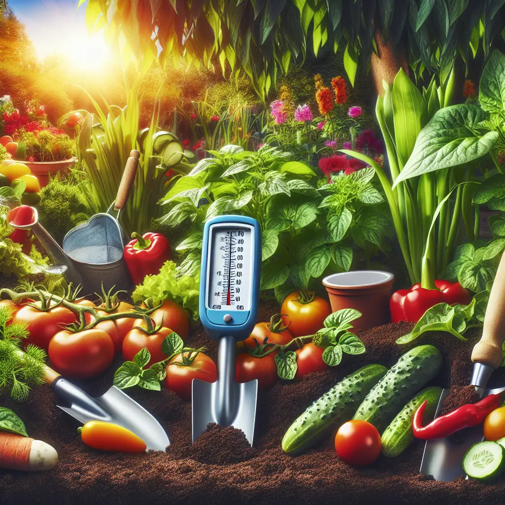 A harmonious garden scene dedicated to vegetable cultivation. This vibrant image depicts an array of assorted vegetables such as tomatoes, cucumbers, and bell peppers growing healthily in rich and well-cultivated soil. In the foreground, a pH meter is partially inserted into the soil, indicating a perfect balance for vegetable growth. Around the garden, other gardening tools like a trowel and watering can are staged, all generic and without brand names. The image reflects the sun shining brightly, fostering a nurturing environment for these plants. The very essence of productive and pH-balanced vegetable gardening is captured in this composition.