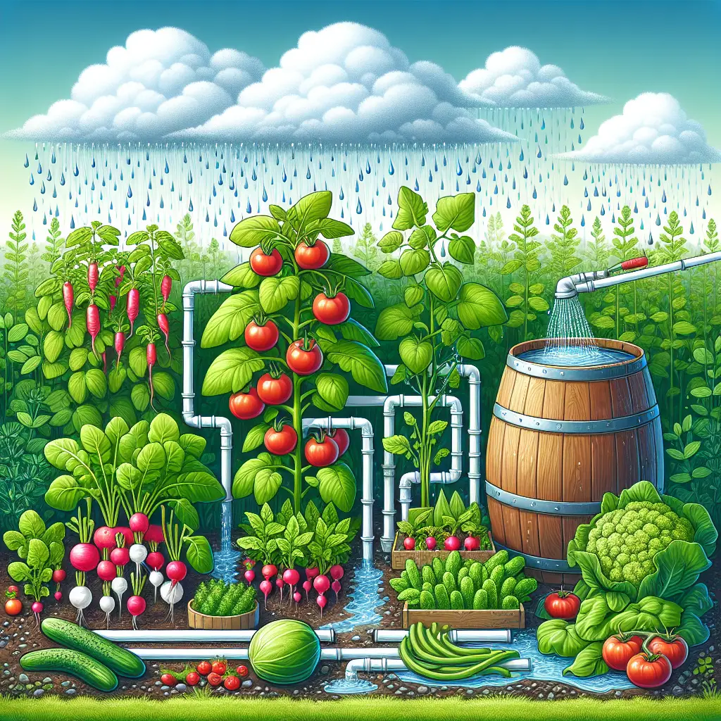 A lush and green vegetable garden thriving under the gentle drizzle of a rainwater collection system. This eco-friendly concept showcases a range of vibrant vegetables, including tomatoes, cucumbers, radishes, and beans. There's a network of simple PVC pipes efficiently irrigating the plants through rainwater captured in a large barrel. The scene is completed by a background of a cloud-filled sky releasing soft raindrops and a compost bin, symbolizing sustainability and water conservation.