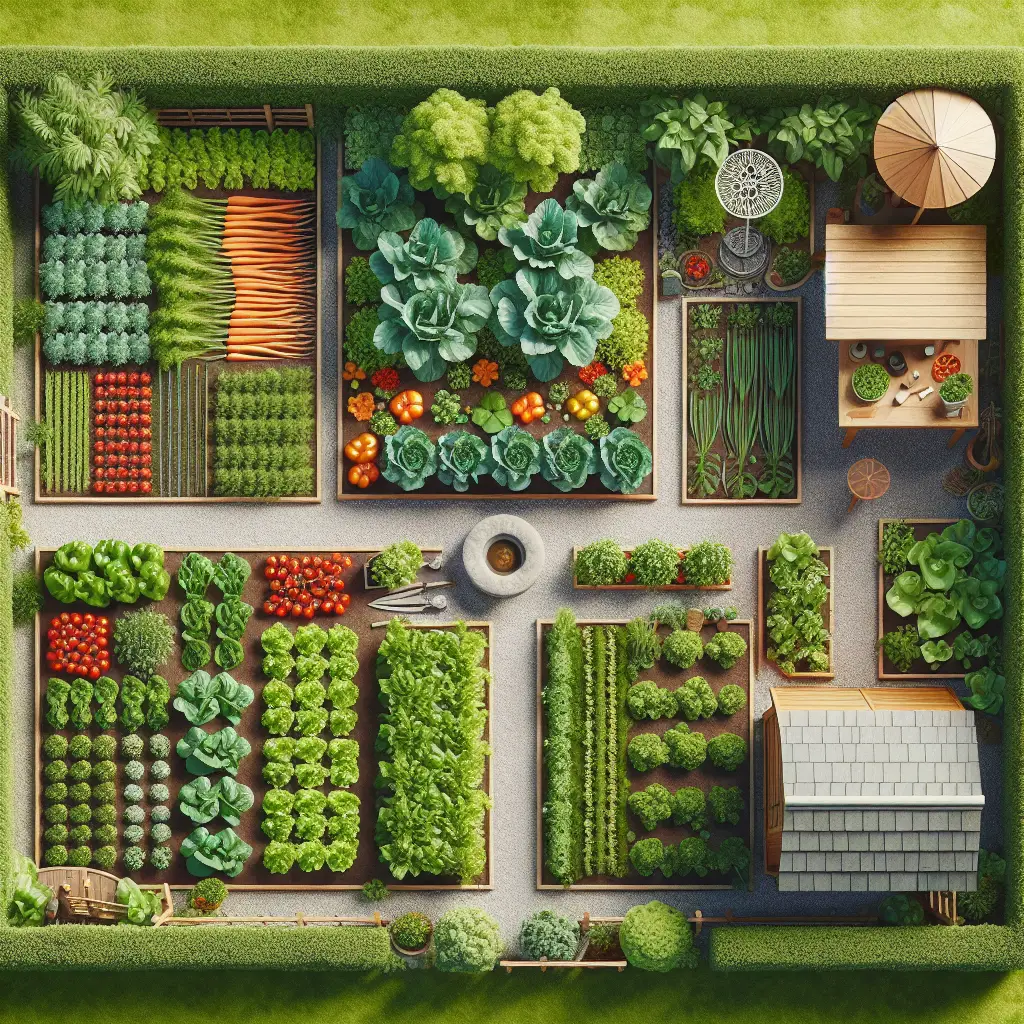 An aerial view of a beautifully designed vegetable garden. The layout includes various sections for different types of vegetables. There are neat rows of carrots with their leafy tops, and patches of leafy green lettuces. Nestled near them, vibrant red tomatoes are ripening on the vine. The vegetable plots are separated by narrow pebbled pathways for easy access. There's a small wooden shed painted in a neutral color, equipped with gardening tools. A feature, such as a birdbath or a sundial, is seen in the middle for visual interest. Reminder: Avoid names, text, and logos.