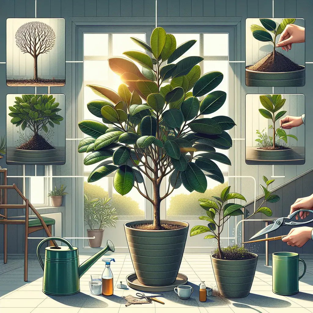 A detailed image displaying the stages of caring for an indoor Rubber Tree plant. A healthy, full-grown Rubber Tree appears as the centerpiece of the image, its dark green leaves glossy and abundant. To the left, a smaller Rubber Tree plant in a ceramic pot shows the initial planting process, with properly drained soil and a small stake for support. To the right, a more mature Rubber Tree plant is demonstrated with hands using pruning shears to trim excess growth. In the forefront, a watering can, a sprayer bottle and a bottle of plant food are neatly arranged, ready for use. The background depicts a home interior with well-lit conditions, suggesting sunlight coming in through invisible windows. The image should be soothing and informative, illustrating the growth process of the Rubber Tree plant in an indoor setting.