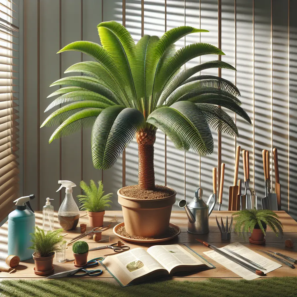 A well-maintained indoor Majesty Palm with luscious, healthy fronds positioned in a generously spaced room with optimal light. The soil appears moist, indicating it's been recently watered. Bull's-eye patterns of light spill onto the shiny leaves through rolling blinds, providing the palm with the recommended indirect sunlight. On the nearby wooden table, there are scattered generic gardening tools: a spray bottle, pruning shears, and a watering can. Close by, an open, old-fashioned book, possibly a plant care guide, rests with its pages fanned out, all objects in the image are devoid of text or logos.