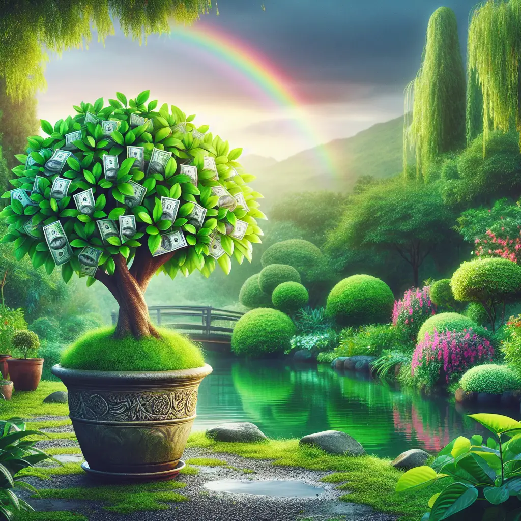 A vivid, fertile garden scene showing a thriving money tree planted in a pot. The tree is abundant with bright green leaves, indicating prosperity and wealth, and the pot is ornate, signifying value. The overall look of the tree and pot exudes good health and bountiful wellbeing. In the background, the ambiance of the garden is tranquil, with a serene pond and lush, verdant plants that enhance the image of prosperity. The scenery includes a rainbow in the sky, symbolizing hope and fortune, but no visible text, people, brand names, or logos.