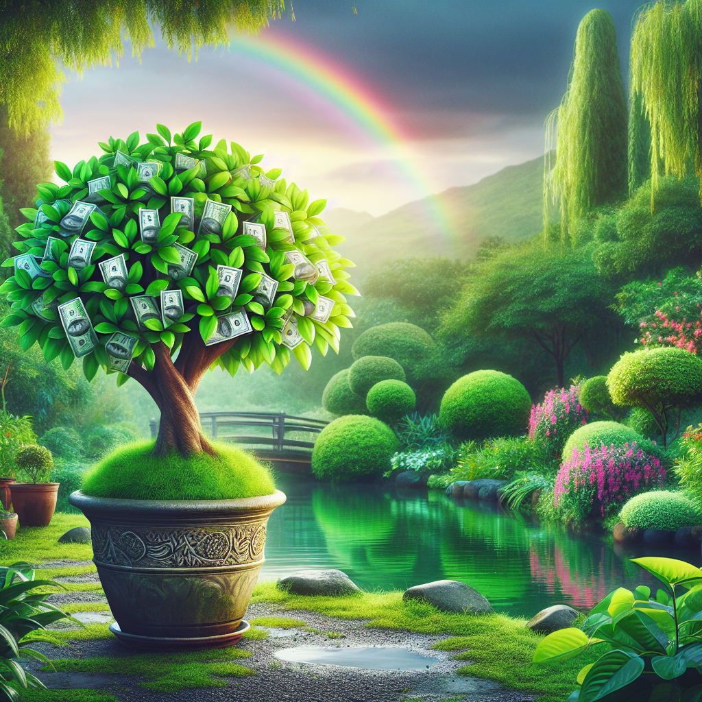 A vivid, fertile garden scene showing a thriving money tree planted in a pot. The tree is abundant with bright green leaves, indicating prosperity and wealth, and the pot is ornate, signifying value. The overall look of the tree and pot exudes good health and bountiful wellbeing. In the background, the ambiance of the garden is tranquil, with a serene pond and lush, verdant plants that enhance the image of prosperity. The scenery includes a rainbow in the sky, symbolizing hope and fortune, but no visible text, people, brand names, or logos.