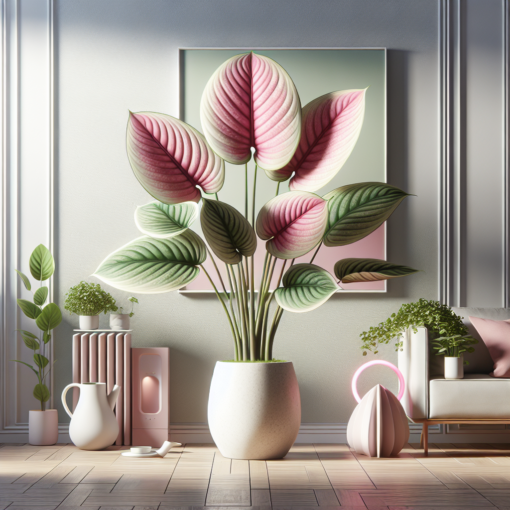 Visualize a well-lit indoor scene where a luscious Pink Princess Philodendron is thriving. The room should showcase an appealing contrast between the pink and green variegated leaves of the plant against a minimalist, modern, and clean background. Reflect various indicators of a plant's good health, such as lush foliage and an upright stem. The plant should be seen well-rooted inside a plain, stylish ceramic pot. Add in elements that indicate plant care, such as a curved leaf-shaped watering can and humidifier nearby. There should be no people, brand names, logos, or text present in the image.