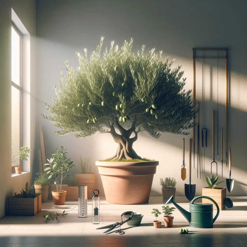 A brightly lit, serene image of a robust olive tree thriving in an indoor setting. The olive tree is in a large terracotta pot and is surrounded by gardening tools, such as shears, a watering can, and humidity meter, all essential for the plant's care. The environment is minimalistic, with a glimpse of the sun shining through the window, providing the olive tree with desirable sunlight. Note the luscious green leaves, indicating a healthy plant, and tiny olive fruits starting to develop on the branches.