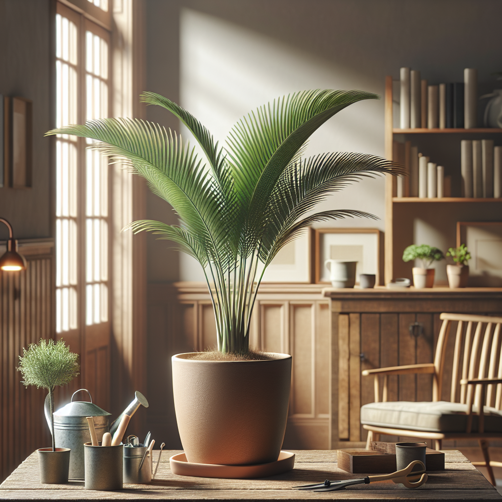 An indoor setting with warm, natural lighting illuminating a flourishing Parlor Palm. The plant is planted in a neutral, unbranded terra cotta pot placed on a rustic wooden table. There are items related to indoor gardening nearby, such as watering can and small pruning shears, with no visible text or branding. The background features a minimalist room decor, including an unbranded, cozy chair and a simple bookshelf stacked with unbranded books showing the spines without text. The window in the backdrop offers a glimpse of a sunny day, providing a natural source of light for the palm.