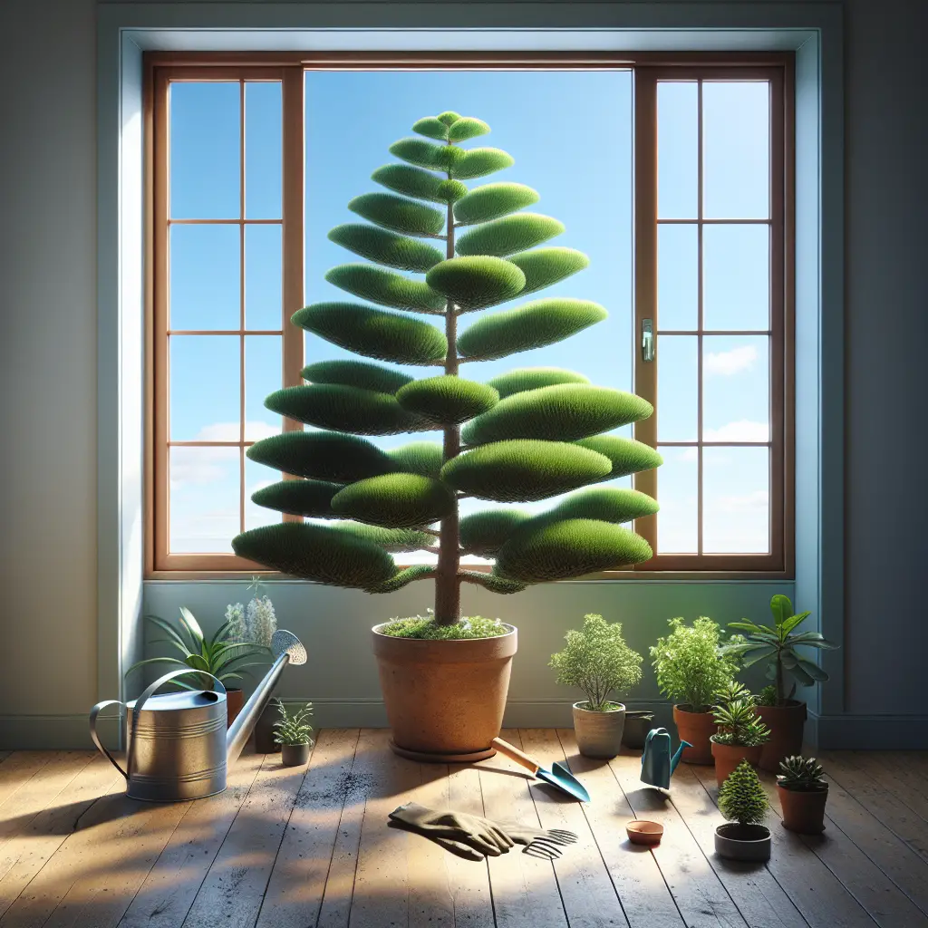 A well-lit sunlit room with a large double-glazed window showcasing a clear view of a blue sky. In the room, one can see a beautiful, thriving Norfolk Island Pine placed near the window, spreading its lush, deep-green branches wide. The pine sits in a clay pot on a wooden floor, surrounded by an assortment of small gardening tools like gloves, a small spade, and a watering can. To embrace the plant's natural habitat, there is also a small spray bottle which is used to mimic the humid conditions of the Norfolk Island's climate.
