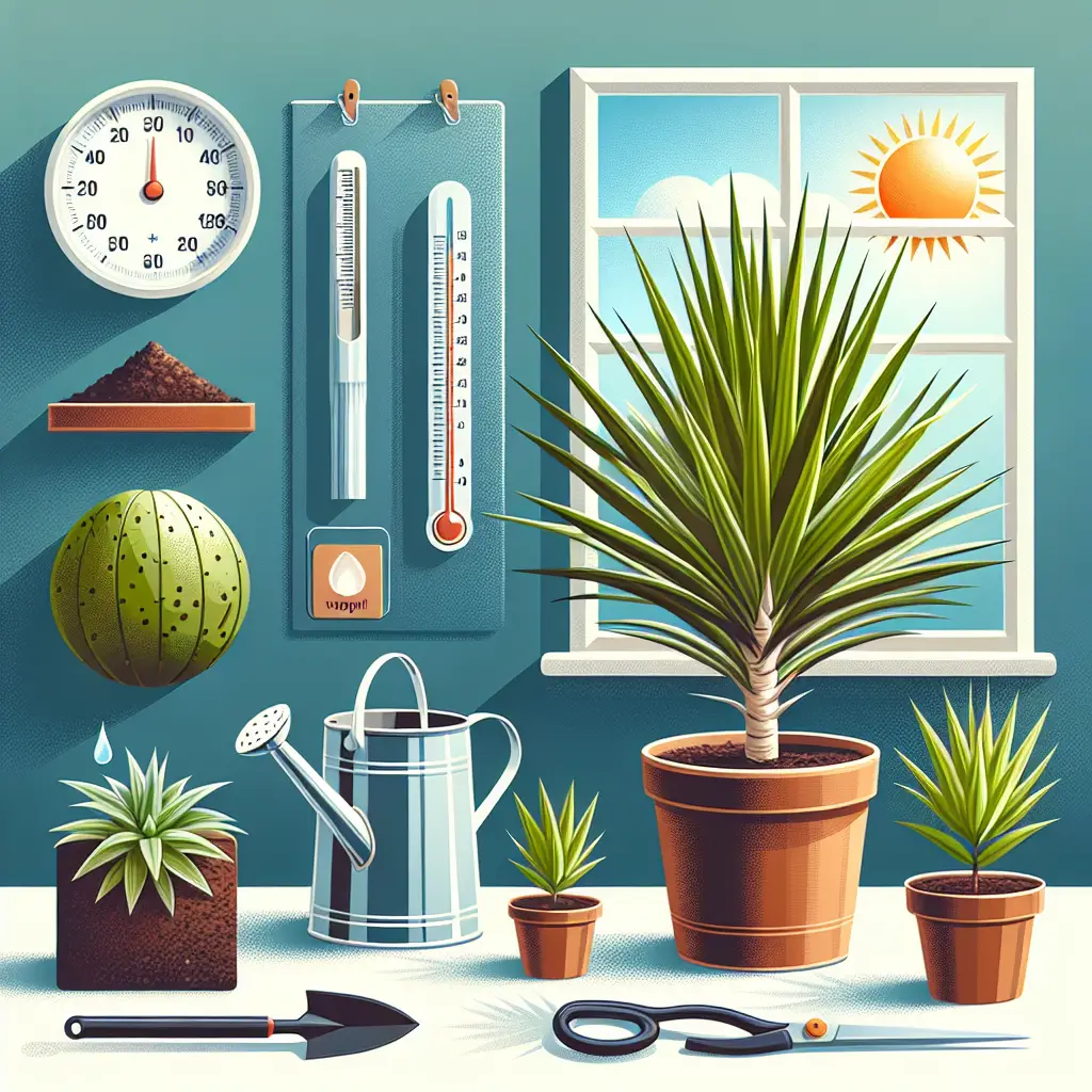 An informative and visually appealing illustration showcasing the process of indoor Yucca plant care. The scene includes a healthy Yucca plant positioned next to a sunny window, a watering can filled with right amount of water, a pair of pruning scissors, appropriate sized pot and organic soil. Near the yucca plant, there's a thermometer and a hygrometer indicating optimal temperature and humidity for the plant. All items and elements are free from any textual description, brand names and logos.