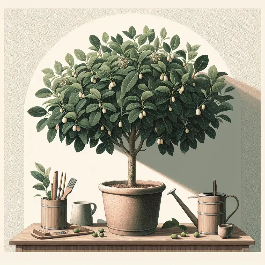 A detailed illustration showcasing the indoor cultivation of Ficus Benjamina. The Ficus Benjamina, also known as the Weeping Fig, is centered within the image. Its lush, dark green, oval leaves are dotted with a few random miniscule, white fruits. The tree sits in an unbranded, ceramic pot in a shade of soft terra-cotta, placed on a simple, wooden stand. A soft arc of sunlight streams in from a nearby window, casting a mellow glow on the leaves. Other indoor gardening tools like a watering can and pruning shears are neatly placed nearby but without any identifying markers or brand names.