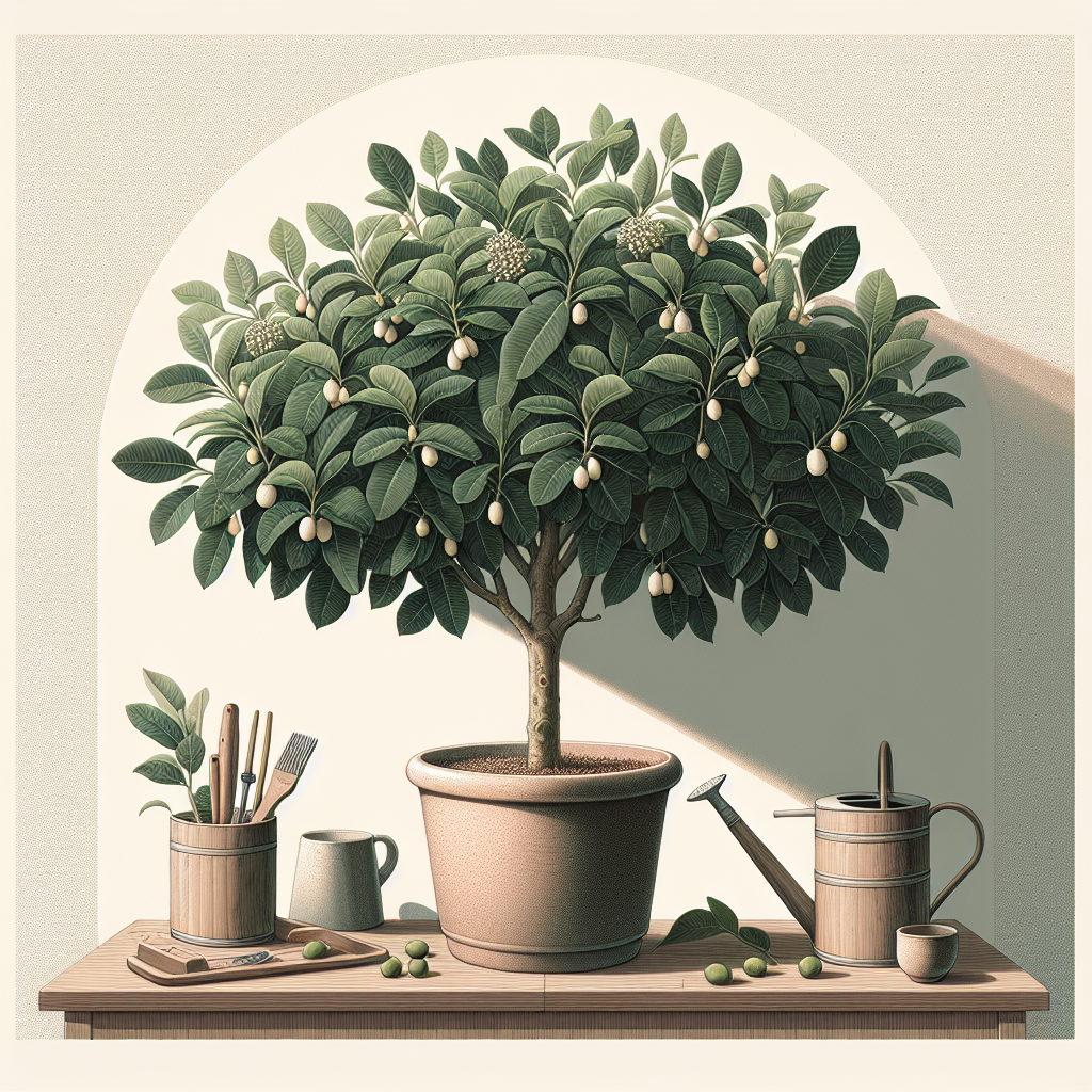 A detailed illustration showcasing the indoor cultivation of Ficus Benjamina. The Ficus Benjamina, also known as the Weeping Fig, is centered within the image. Its lush, dark green, oval leaves are dotted with a few random miniscule, white fruits. The tree sits in an unbranded, ceramic pot in a shade of soft terra-cotta, placed on a simple, wooden stand. A soft arc of sunlight streams in from a nearby window, casting a mellow glow on the leaves. Other indoor gardening tools like a watering can and pruning shears are neatly placed nearby but without any identifying markers or brand names.