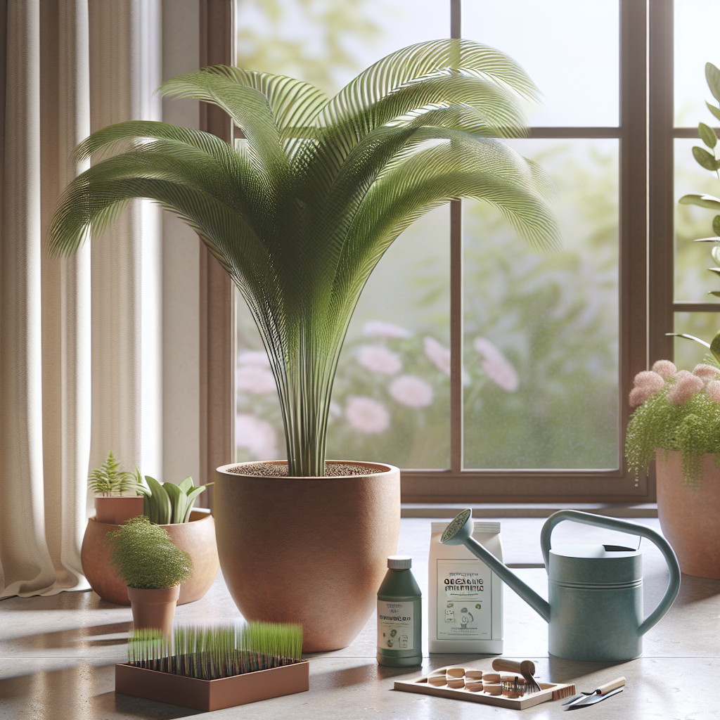 An image featuring an indoor setting with a healthy ponytail palm plant placed near a window to receive adequate sunlight. The plant is set in a plain, unbranded terracotta pot. Also present in the image are items related to its care - a small watering can nearby, perhaps a moisture meter and organic fertilizer, but devoid of any specific brand names. All items are arranged in a tidy manner, suggesting best practices for maintaining the plant indoors. The atmosphere should hint at tranquility and tranquility, embodying the peace that comes with indoor gardening.