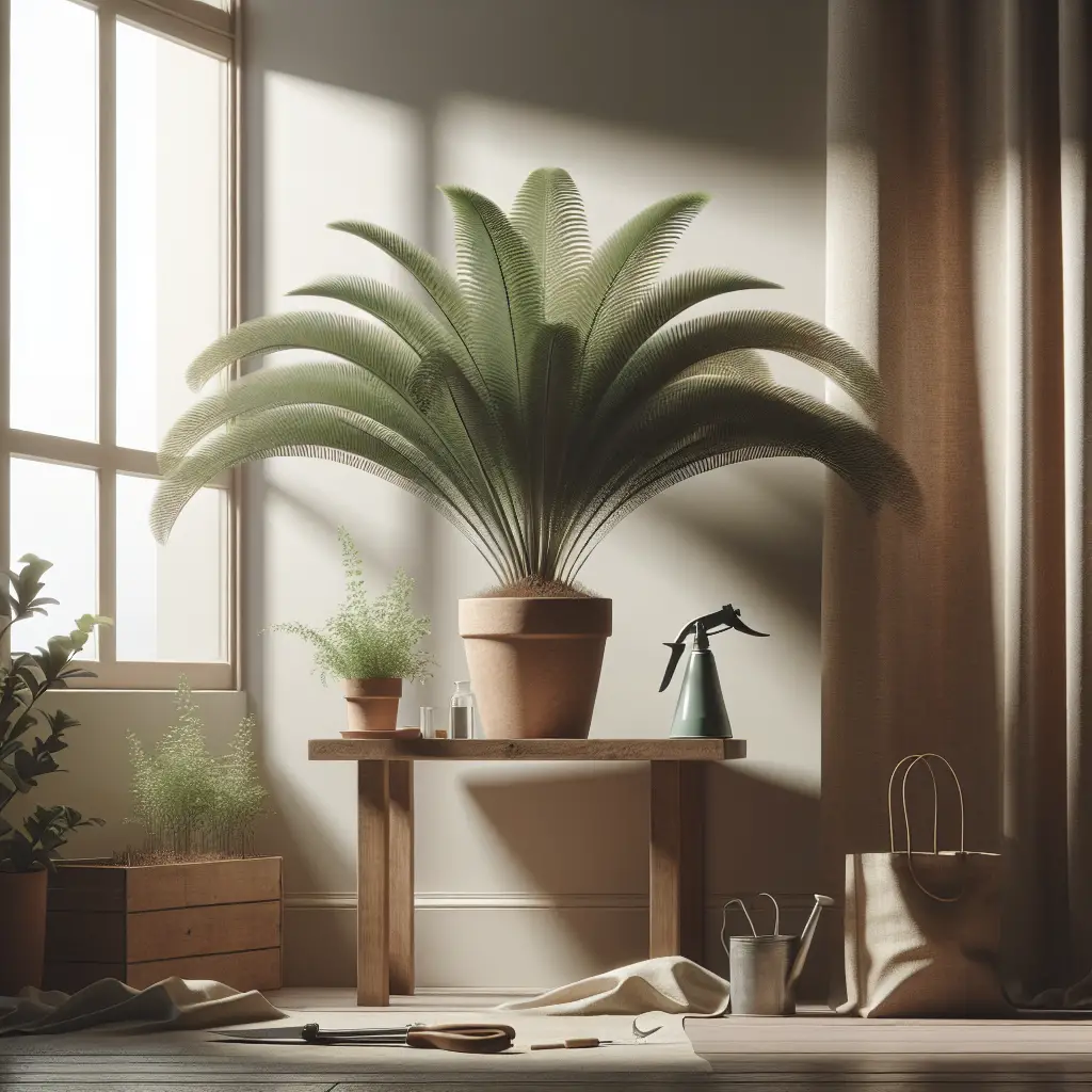 An elegantly presented indoor scene focusing on a lush sago palm plant. The palm is situated in a simple terra cotta pot on a wooden stand, surrounded by ambient natural light filtering in from a nearby window. The scene includes essential tools such as a water sprayer, gardening shears, and a bag of soil, suggests the care and nurturing being taken of the plant. The room's neutral tones and minimalist sensibility place the emphasis on the palm.