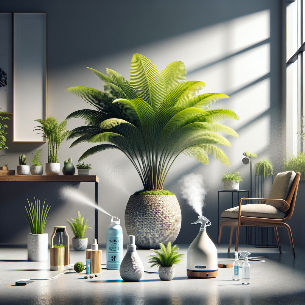An indoor scene focusing on the elegant Kentia Palm. The palm, lush with leaves and vibrant greenery, takes center stage. Around it, there are elements that indicate its care environment: a humidifier emitting a soft mist, a bottle of plant fertilizer, and a spray bottle filled with water. A window nearby allows streams of natural light to reach the plant. Everything in the room, including furniture and other decor, is designed in a minimalistic style, indicating a modern aesthetic. All elements in the scene, including tools and objects, are completely free of any text or brand logos.