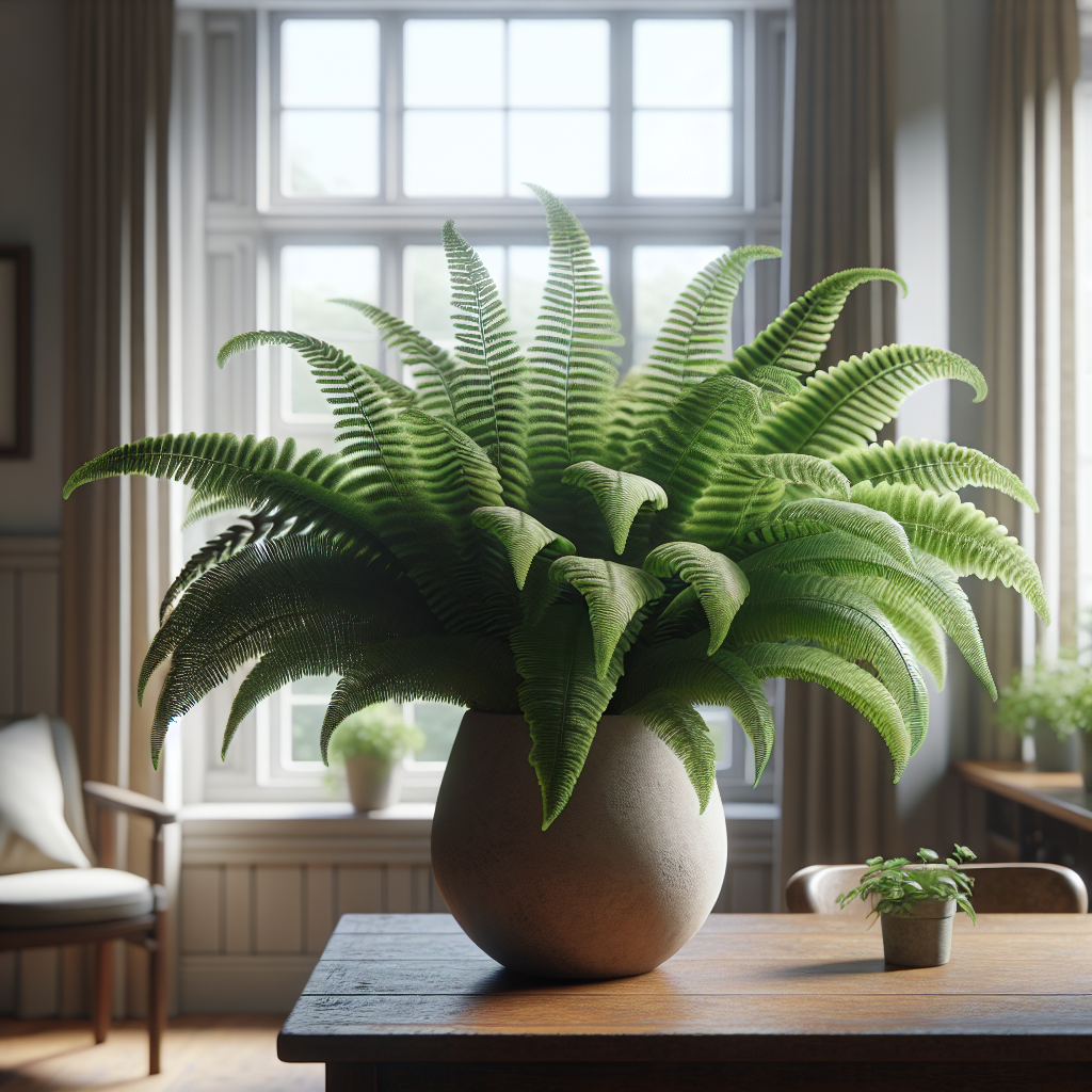 An image featuring a lush, mature bird's nest fern thriving in a quaint, indoor setting. The fern, radiant with various shades of vibrant green, sits in a generic, opaque pot atop a wooden table. Its fronds radiate outwards, exhibiting its distinctively wavy leaves. The window in the background allows soft natural light into the room, enhancing the fern's serenity. The room's tasteful, minimalist decor in earth tones adds to the tranquil ambiance. There are no people or brand identifiers in the image.