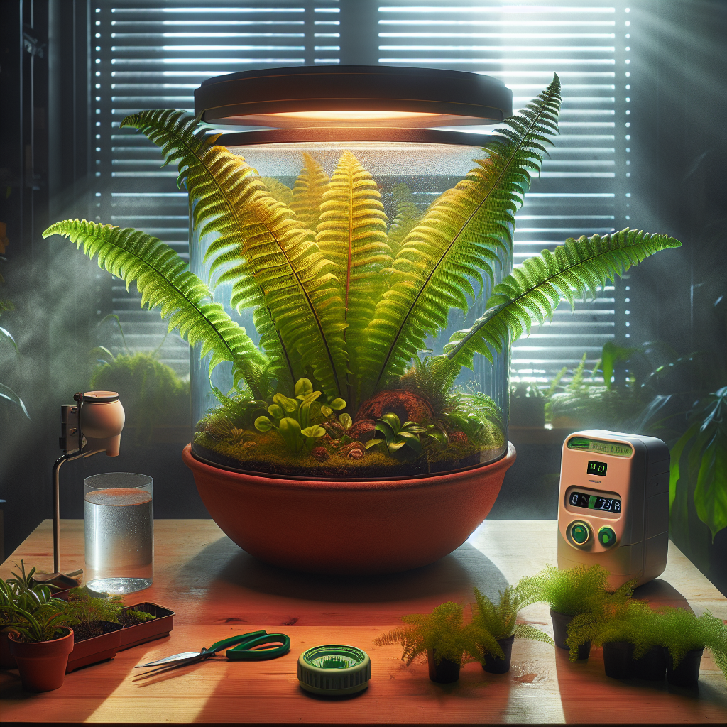An artfully lit display portraying the thriving growth of a Boston fern situated inside a well-cured terra cotta pot. The plant is kept in an indoor environment with abundant natural light filtering through the barely open blinds onto its vibrantly green ferns. A humidifier is visible in the background, ensuring ideal conditions for the growth of the fern. Nearby stands a moisture meter, and some well-maintained gardening tools rest on a clean wooden table, ready for use but not distracting from the glimpse of the fern's thriving state.
