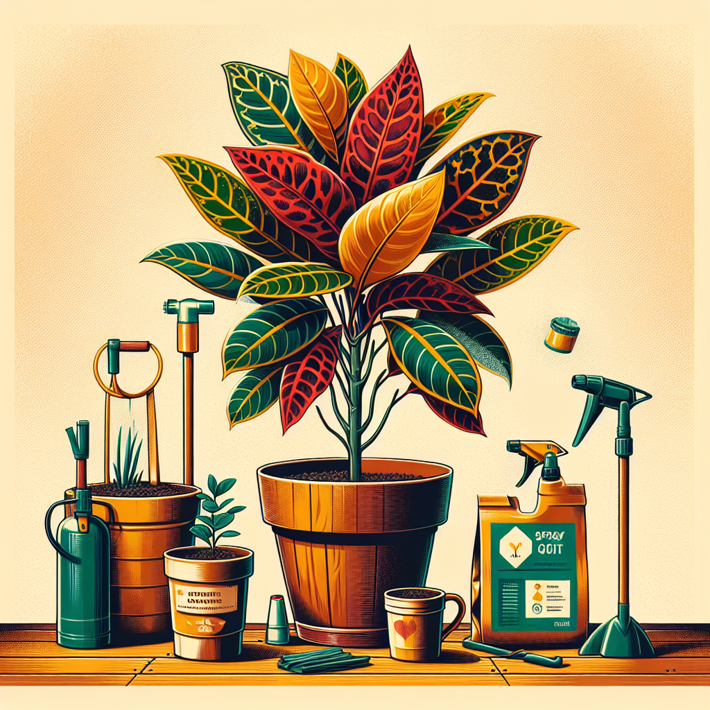 Illustrate an informative guide on indoor horticulture. Showcase a vibrant croton plant thriving in an interior setting: it stands tall in a simple terracotta pot that is free of decoration and typography, placed on an unadorned wooden floor. Reflect the plant's variety of warm-hued leaves with patterns of red, yellow, and green. Include the elements of indoor gardening - such as a watering can, a spray mister, and a bag of potting soil. All items are free of any logos, branding, or text. Adherence to the instructions is essential: no people, text, or brands are included in this depiction.