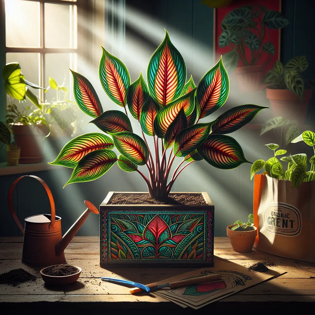 A vibrant, intricately designed domestic scene showcasing the careful cultivation of a prayer plant. The plant is thriving in the center with its characteristic beautiful, striped leaves expressing a green and red vivid palette. The sun's gentle rays are making their way through a nearby window, casting a warm, ethereal glow on the plant. Surrounding the plant are various houseplant accessories like a vintage watering can and a bag of organic potting soil, all free of brand logos. But no human presence is visualized in the scene, making the plant the unrivaled protagonist of this representation.