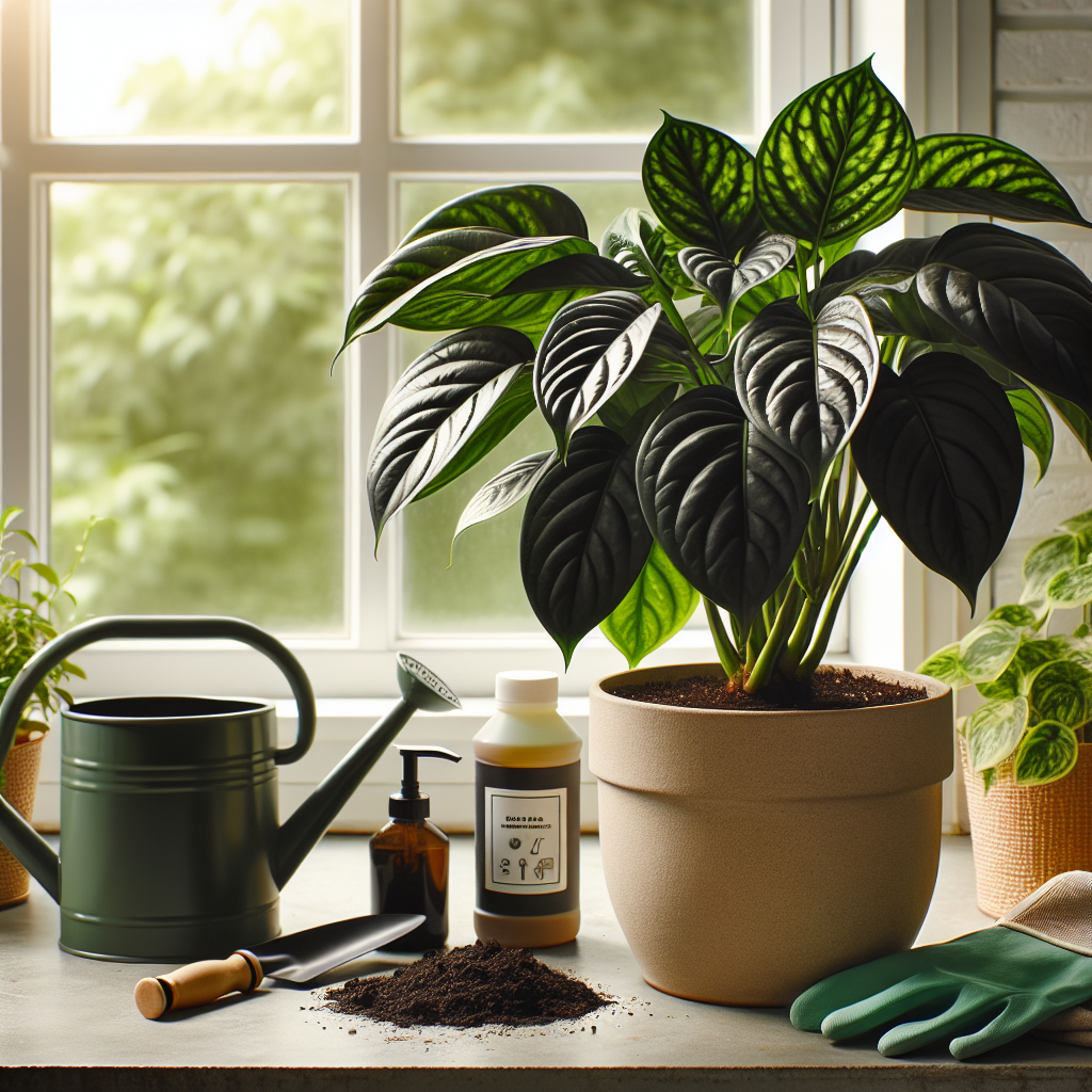 An indoor setting, depicting a healthy-looking Cast Iron plant placed next to a sunny window. Should show close-ups of the thick, glossy, dark green leaves that the plant is known for. The plant sits within a neutral-colored pot. Next to the plant, there's a watering can and a bottle of plant food, both unbranded. Also, include a pair of gardening gloves and a small bag of soil nearby, preparing for repotting or nourishing the plant.