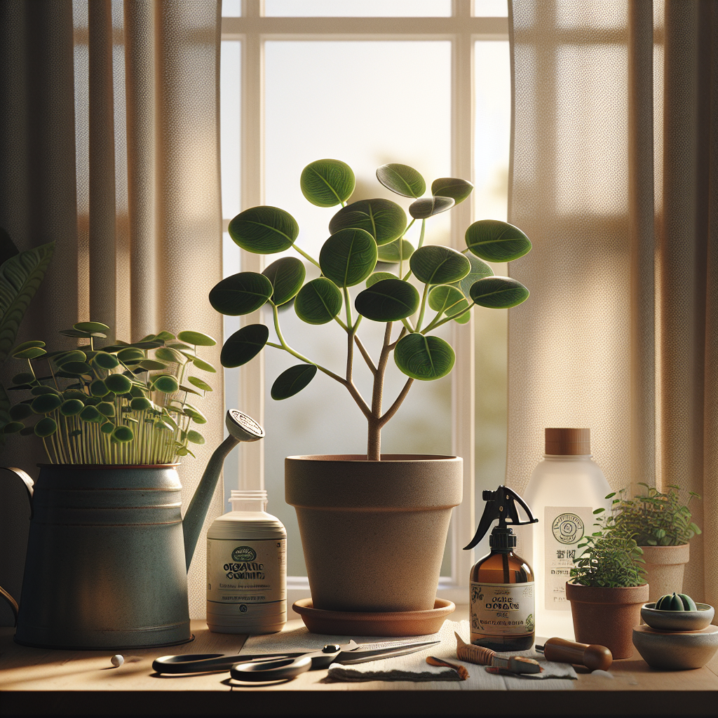 A detailed image capturing the essentials of indoor caring for a Chinese Money plant. The setting is homey and gives off a nurturing vibe. Different tools for plant care are neatly arranged nearby, such as a watering can, a pair of pruning shears, and a bottle of organic fertilizer, all without identifiable brand names. The Chinese Money plant sits in a simple terracotta pot, its flat, round, shiny leaves radiant against the cozy indoor background. There's a clear indication of good sunlight suffusing in through a curtain-filtered window, essential for the plant's health.