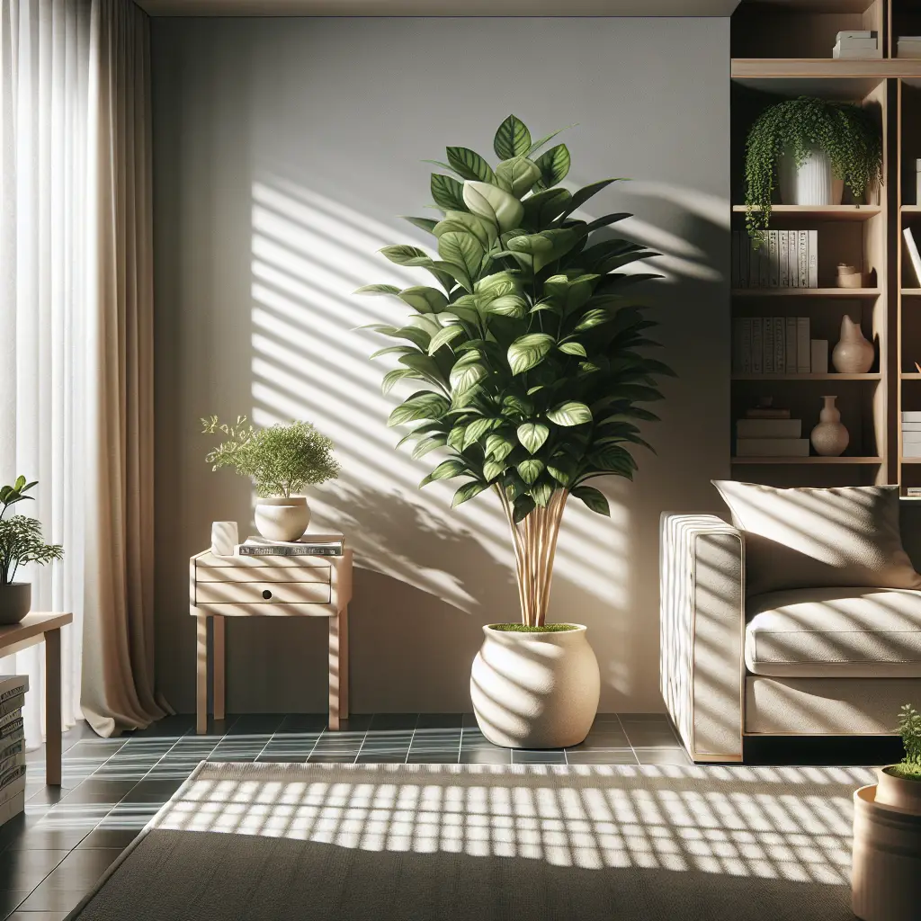 An inside view of a serene living area. The furniture has a minimalist touch with neutral tones. The focal point of the room is a lush, verdant Chinese Evergreen plant with glossy leaves, positioned in a ceramic pot. The Evergreen is featured prominently as it exudes a sense of tranquility and natural air purification. Sunlight is subtly streaming through the blinds, creating an alluring pattern on the floor. Other decorative elements include a bookshelf with various books and knick-knacks, but no text or brand names are visible. The atmosphere conveys a sense of wellbeing and freshness, signifying the plant's role as a natural air purifier.