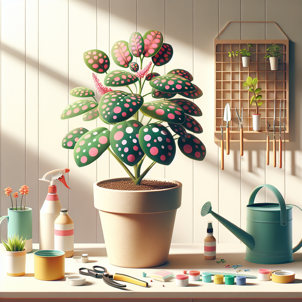 An indoor gardening scene showcasing the care and cultivation of a Polka Dot plant. Display the plant with vibrant pink and green polka-dotted foliage, sitting in a plain unbranded terra cotta pot. Image illustrates sunlight sifting in through a nearby window symbolizing the plant's needs for indirect light. Nearby are various generic unbranded gardening tools like a small watering can, a pair of pruning shears, and a spray bottle, indicating routine care. No human details, brand names, logos, or text items are present in this tranquil setting.