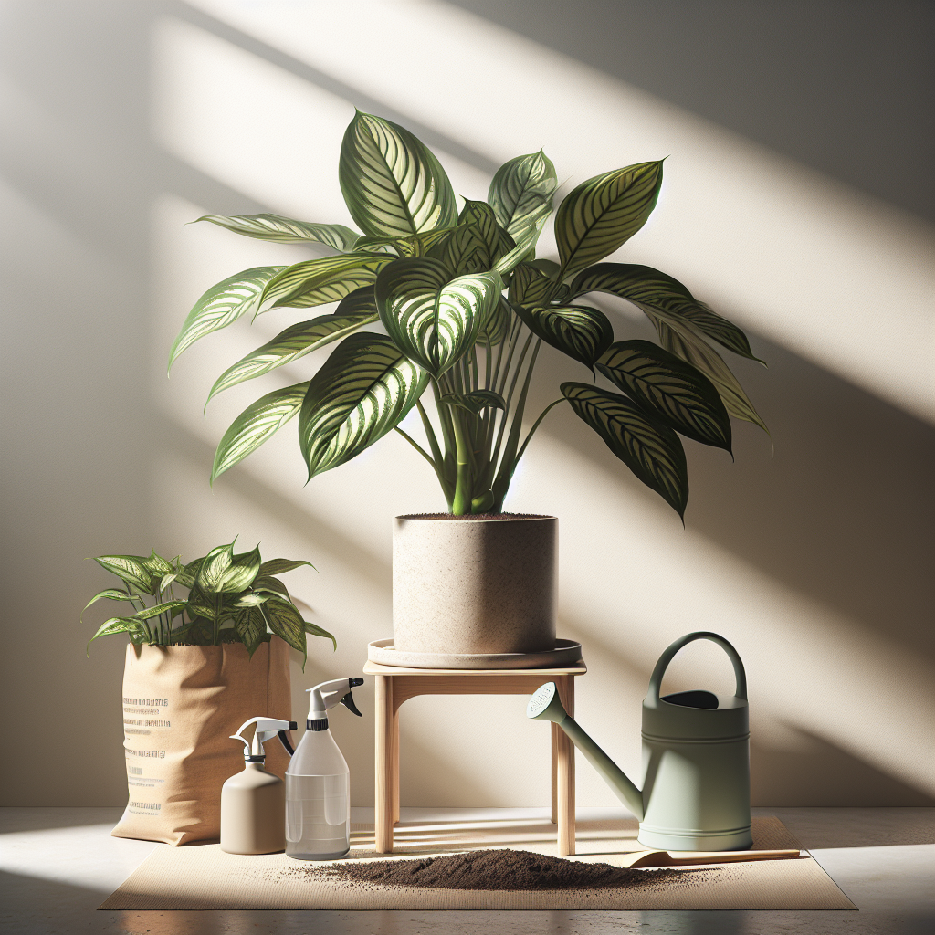 A serene indoor setting featuring a healthy, vibrant Dieffenbachia plant being tenderly cared for. The plant is resting on a neutral-colored pot stand against a plain wall, casting delicate shadows. The plant's broad, variegated leaves are radiating an array of green shades, a testament to its excellent health. A misting bottle, a watering can, and a bag of generic organic soil are arranged neatly nearby, ready for nurturing the plant, without any text or brand indications. The shafts of the soft early morning sunlight seeping through an off-screen window are illuminating the scene, creating a peaceful and serene ambiance.