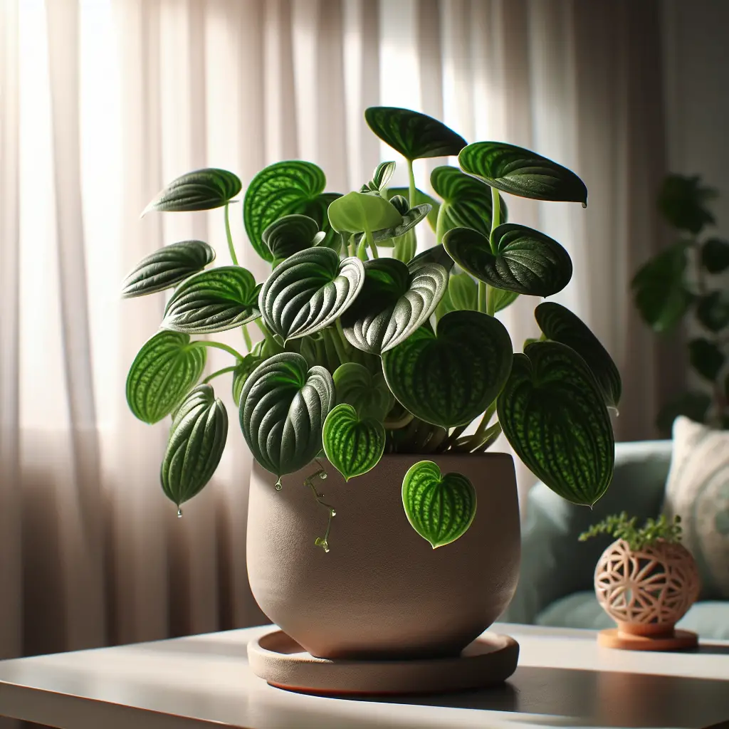 An immaculately tended peperomia plant thriving in a home environment. The plant positioned on a clean, modern table, illuminated by soft sunlight filtering through gauzy curtains in the background. The verdant leaves of the peperomia plant, glossy and detailed, ripple with varying shades of green. A terracotta pot elegantly homes the plant, showcasing a neutral earth-tone that complements the verdant. The details showcase the plant being well-cared for, signifying the nurturing growth process. Small droplets of water are poised on the edge of the leathery leaves, indicating recent watering. In the surroundings, you get a cozy and vibrant feel, with some artistic but brand-free ornaments to further enrich the homely aura.