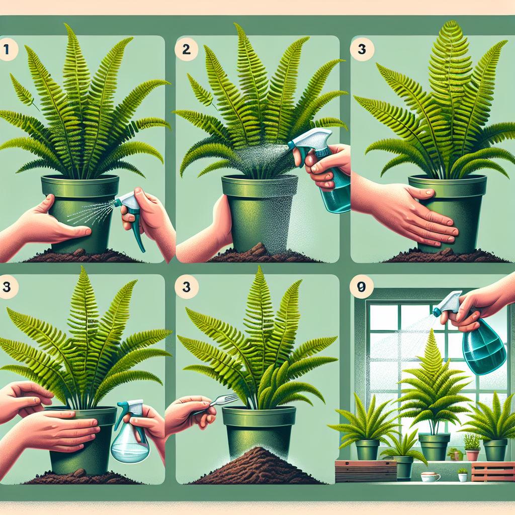 An informative step-by-step cared for indoor ferns. To begin, depict a zoomed-in image of fern leaflets, highlighting the ornate details and verdant colors. In the next phase, visualize a hand using a spray bottle to maintain the humidity around the fern. Ensure the spray droplets are visible. The third image should depict a task of repotting, with an empty pot filled with rich soil and a healthy fern next to it. Lastly, show a well-kept fern next to a sunny window. However, exclude any form of text, brand names, logos, or people in these images.